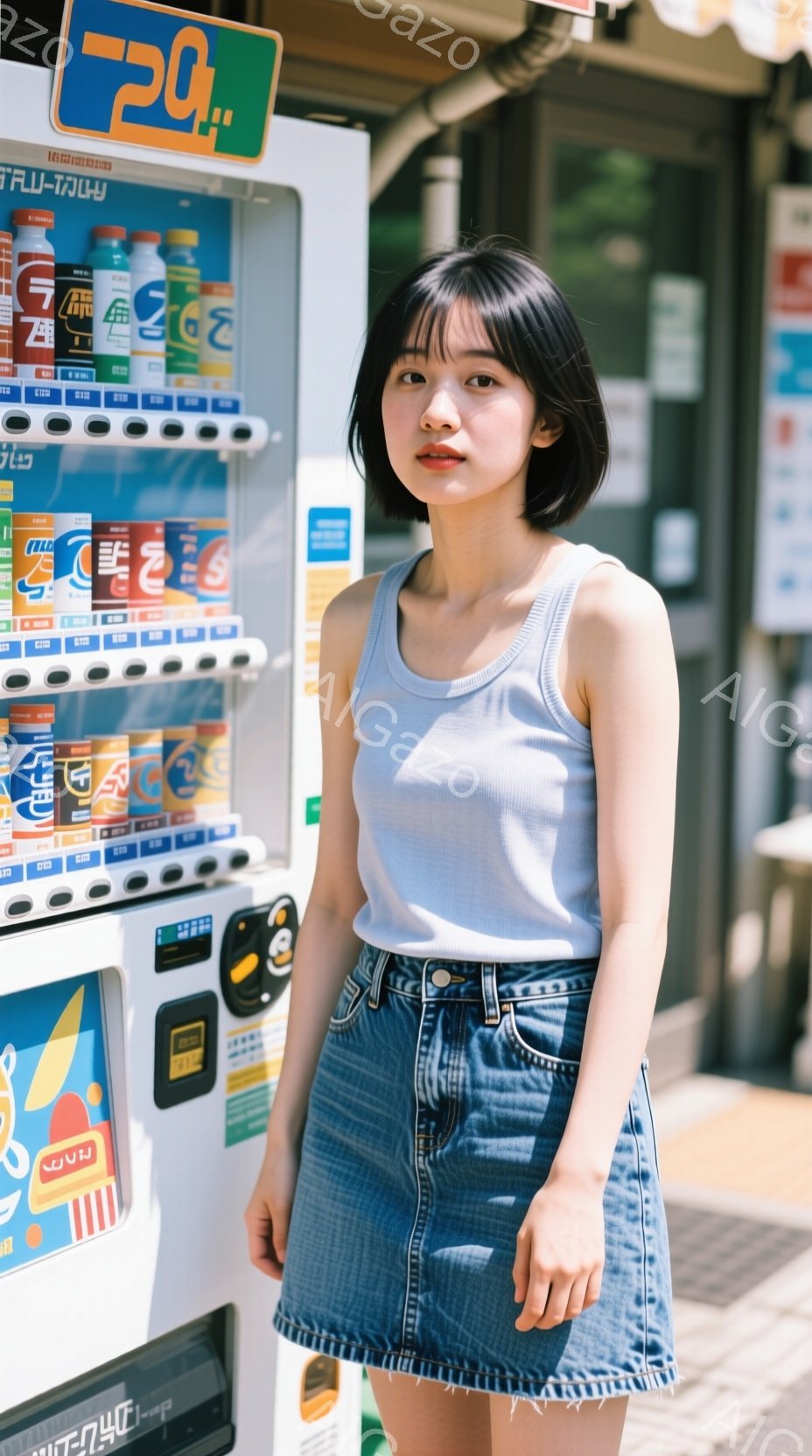 若い女性が自動販売機の前に立っている。彼女は水色のタンクトップとデニムのミニスカートを着用し、黒髪のショートボブヘアに整えられている。表情はやや控えめで、視線は正面を向いている。