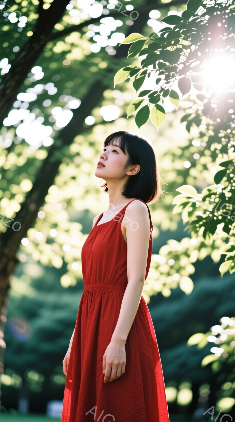 赤いワンピースを着た若い女性が、少し上を見上げて立っています。彼女は黒髪のショートヘアで、表情は穏やかでどこか物憂げです。背景には緑豊かな木々と太陽の光が差し込み、夏の日差しを感じさせる、鮮やかで少し - AI生成フリー素材