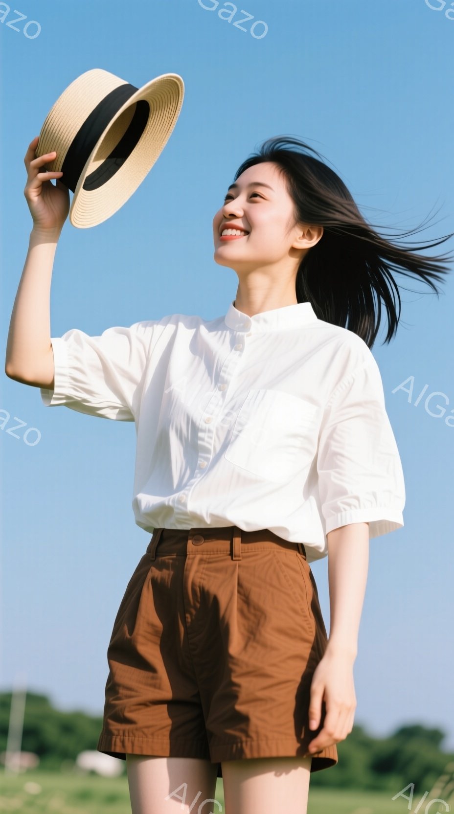 明るい日差しの下、茶色のショートパンツと白いブラウスを着た若い女性が写っている。彼女は片手を頭上に上げ、麦わら帽子を少し傾けている様子から、リラックスした雰囲気と楽しげな表情が伺える。背景には緑の草地が広がり、遠くには電柱が見える晴天の日の風景だ。