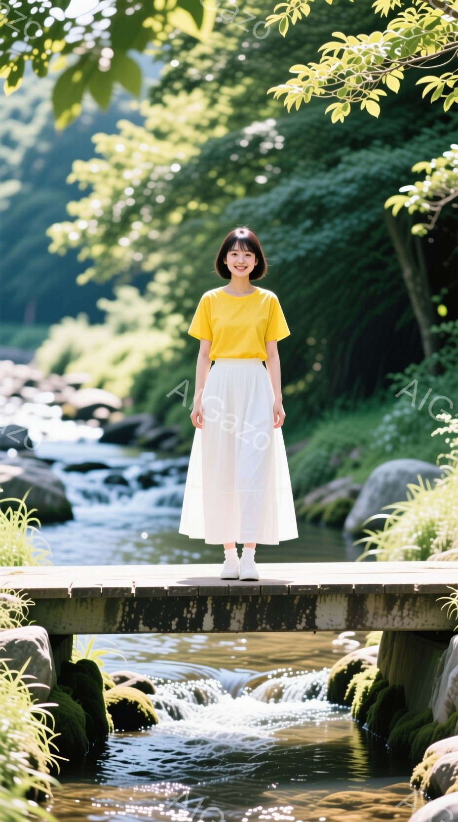 明るい黄色のTシャツと白いロングスカートを着た女性が、小さな木の橋の上に立っています。彼女は微笑んでいて、髪は短く、前髪があります。背景には、苔むした岩と水が流れる小川があり、緑豊かな自然の中で、穏やかで爽やかな雰囲気が漂っています。