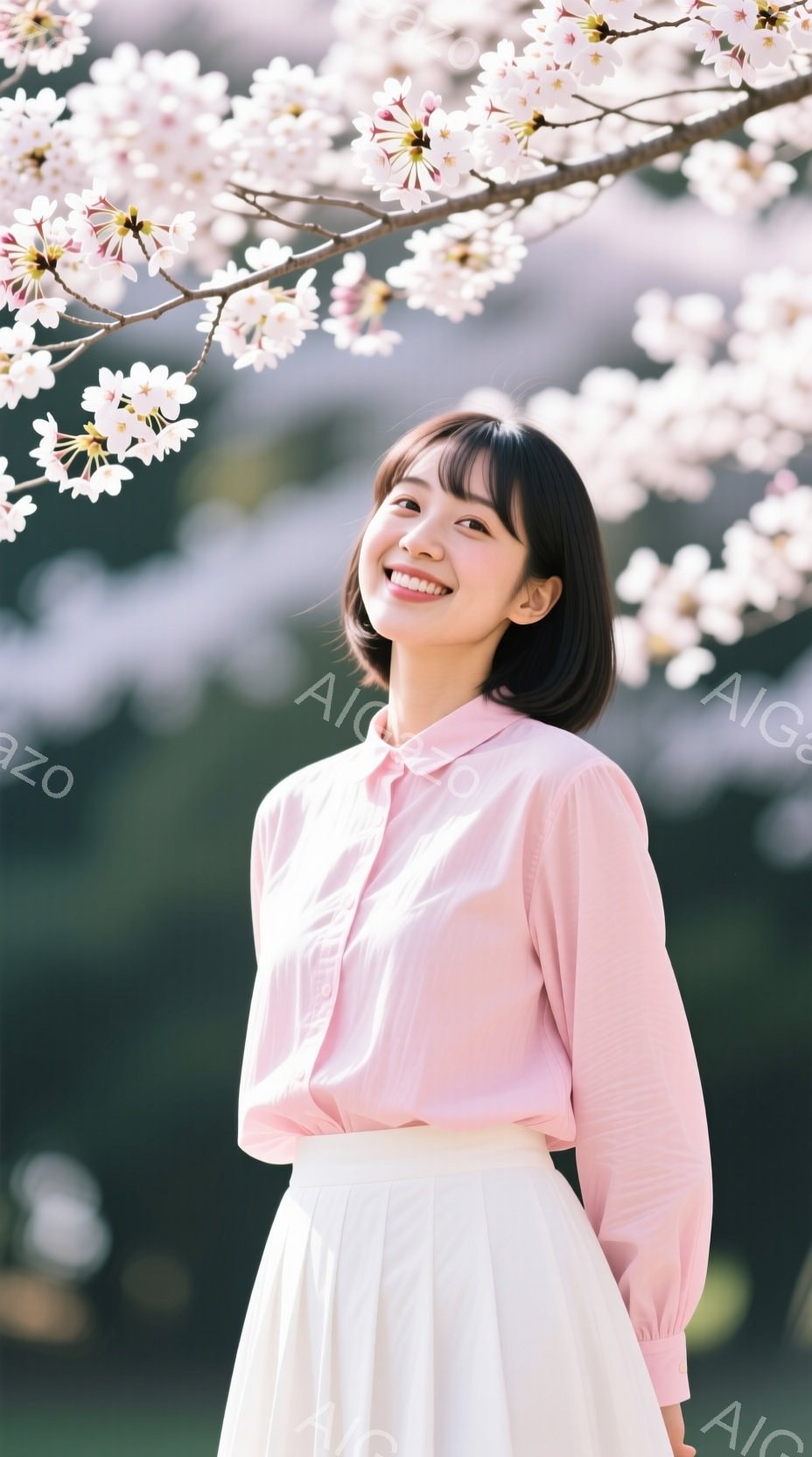 彼女は桜の木の下で、薄いピンク色のブラウスと白いプリーツスカートを着ています。微笑みを浮かべ、少し上を見ている様子から、春の暖かさと幸せな雰囲気が伝わってきます。背景にはぼやけた緑と桜が咲き誇り、柔らかな光が彼女を照らしています。