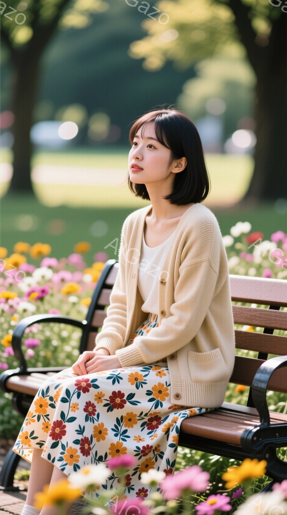 花柄のスカートとベージュのカーディガンを着た若い女性が公園のベンチに座っています。彼女は黒髪のショートボブで、少し上目線で物憂げな表情をしています。背景には色とりどりの花が咲き乱れ、木々が茂り、穏やかな日差しが降り注いでおり、優しい雰囲気です。