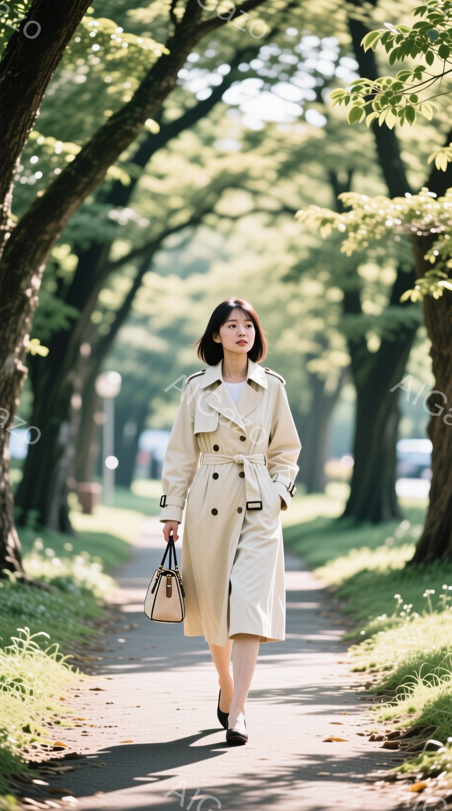 明るいベージュ色のトレンチコートを着た若い女性が、緑豊かな並木道を歩いている。彼女は黒い靴を履き、肩に掛けたバッグを持っている。太陽の光が木々の間から差し込み、道に影を作り出し、穏やかで爽やかな雰囲気を醸し出している。