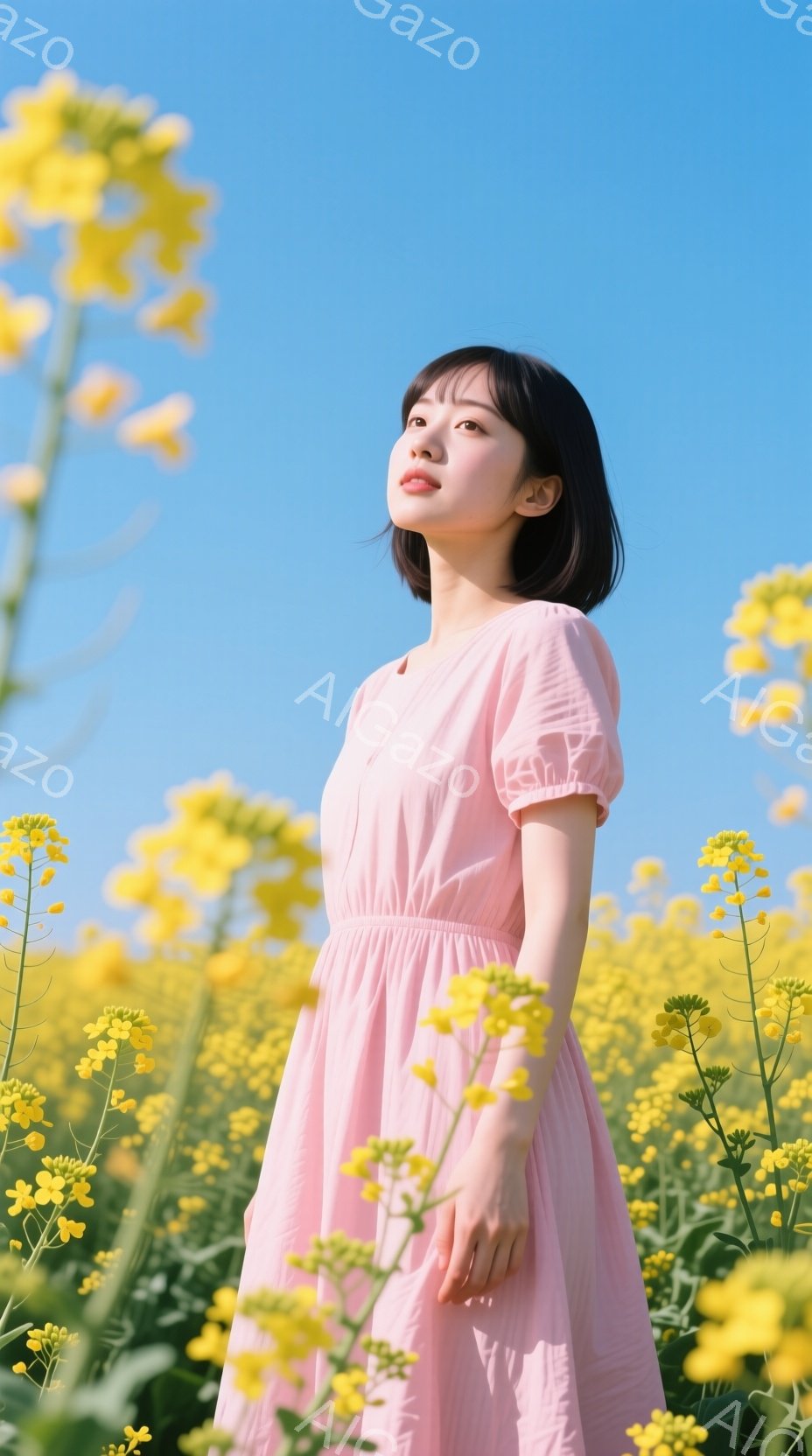 明るい黄色の菜の花畑の中に、ピンク色のワンピースを着た若い女性が立っている。彼女は黒髪で、少し微笑んでおり、視線は少し上を向いている。背景は鮮やかな青空で、全体的に柔らかく、温かい雰囲気が漂っている。 - AI生成フリー素材