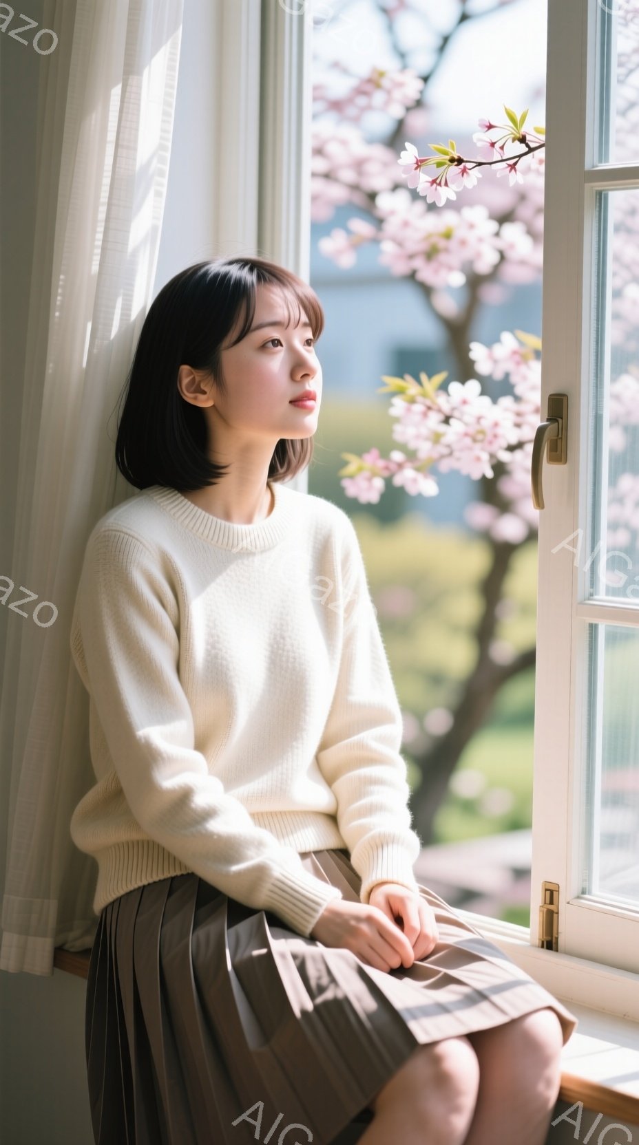 白いセーターとチェック柄のスカートを身につけた若い女性が、窓際に座って外を眺めている。彼女は黒髪で、少し憂いを帯びた表情をしており、リラックスした姿勢で膝を立てている。背景には、桜の花が咲き誇る木々と - AI生成フリー素材