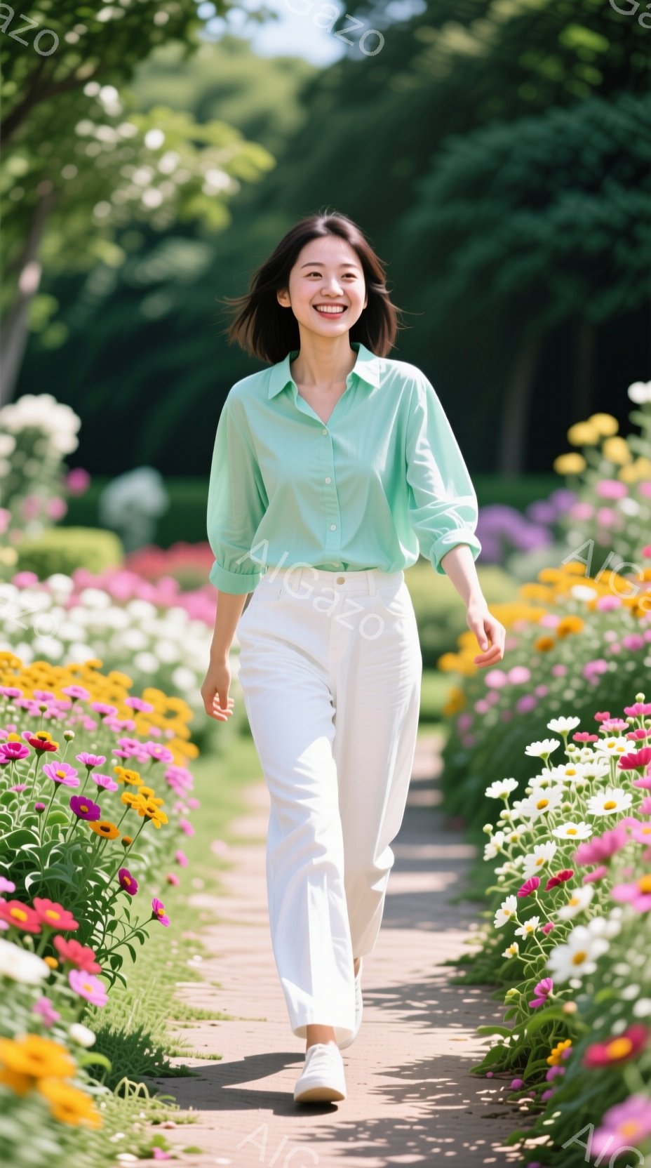 若い女性が花畑の中を歩いている。明るい緑色のシャツと白いパンツを身につけ、少し笑顔を浮かべている。背景には色とりどりの花が咲き乱れ、晴れた日の穏やかな雰囲気が感じられる。 - AI生成フリー素材