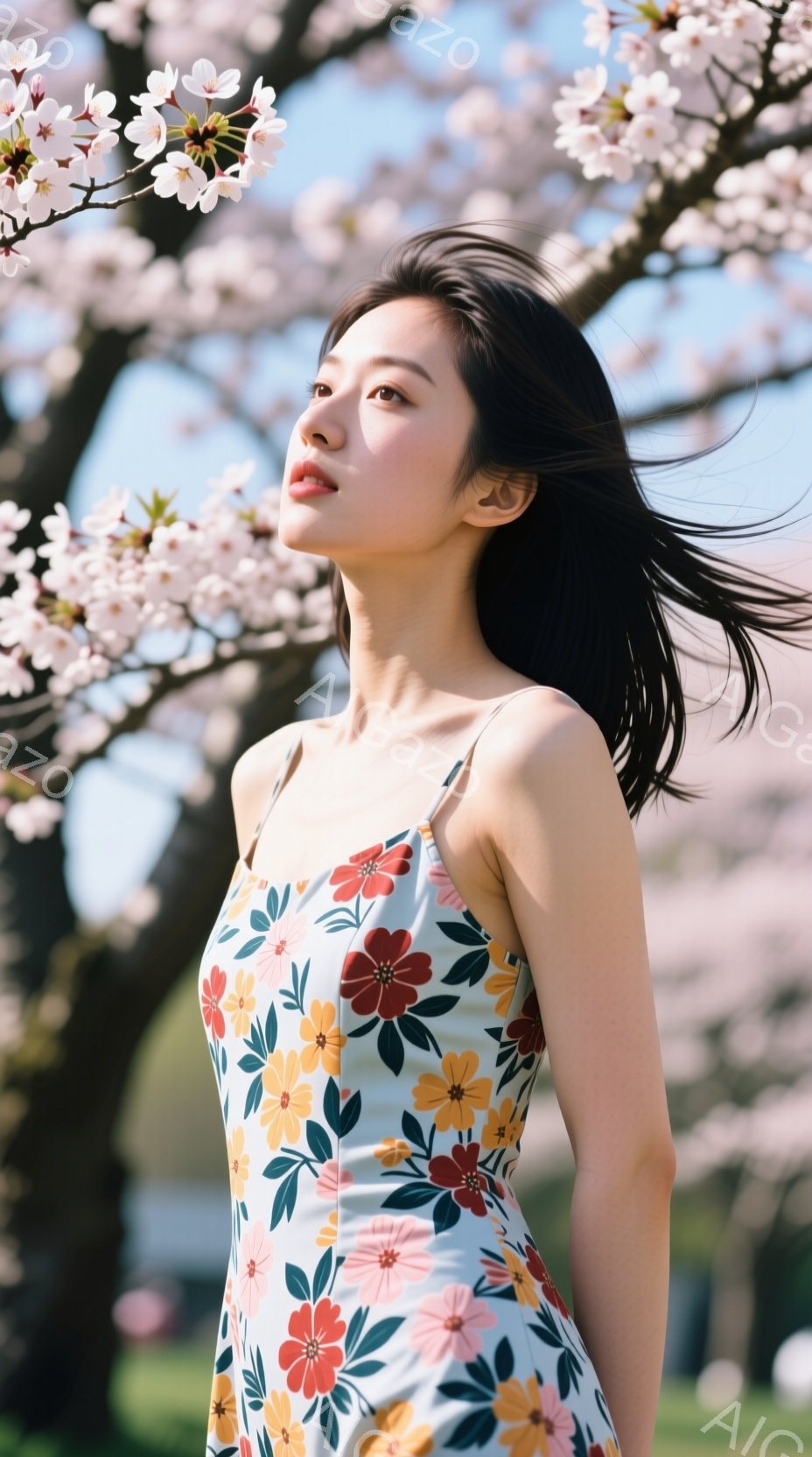 彼女は花柄のストラップレスのワンピースを着て、黒髪を風になびかせながら、少し上を見ている。背景には桜の木が咲き乱れ、柔らかな日差しが彼女を照らしている。全体的に春の暖かさと女性らしさを感じる、穏やかで美しい雰囲気である。
