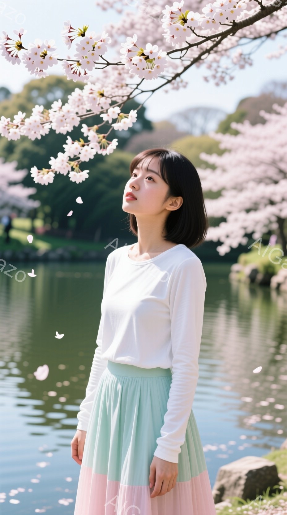 若い女性が桜並木のそばに立っており、白の長袖シャツと、ミントグリーンとピンクのグラデーションがかったスカートを身に着けている。彼女は少し上を見上げ、穏やかな表情で、春の桜吹雪の中に佇んでいる。背景には - AI生成フリー素材
