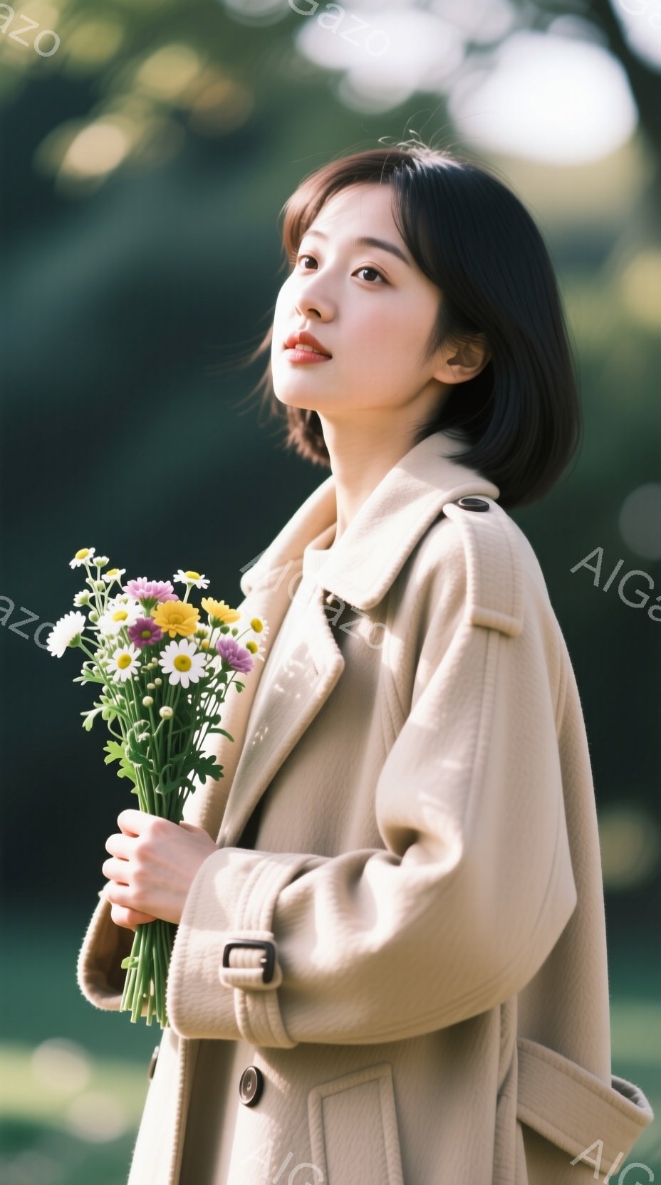 明るい茶色のオーバーコートを着た若い女性が、色とりどりの花束を抱えています。彼女は少し上を見つめ、穏やかで優しい表情を浮かべています。背景は緑豊かな自然で、柔らかい光が差し込み、全体的に暖かく穏やかな雰囲気が漂っています。