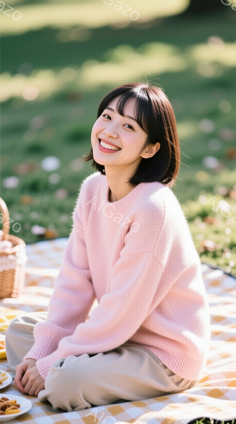 明るい緑の芝生の上で、ピンク色のニットセーターとベージュ色のズボンを身につけた若い女性が座っています。彼女は笑顔で、リラックスした様子で膝を曲げて座り、少し体を前に傾けています。背景には、ピクニックのバスケットや食べ物が置かれたチェック柄のピクニックシートが広がり、柔らかな光が差し込む晴れた日の穏やかなピクニックの雰囲気が感じられます。
