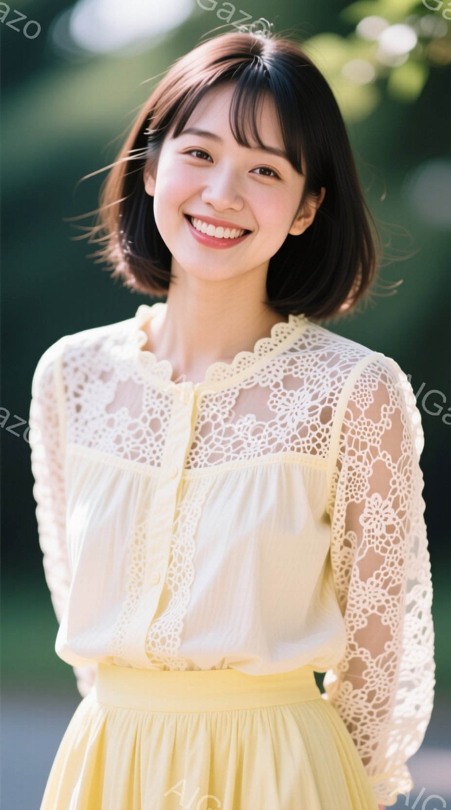 明るい笑顔を浮かべた若い女性が写っている。オフホワイトのレース袖ブラウスに、淡い黄色のフレアスカートを合わせ、上品で可愛らしい印象を与えている。背景には緑豊かな木々が見え、晴れた日の穏やかな雰囲気が感じられる。