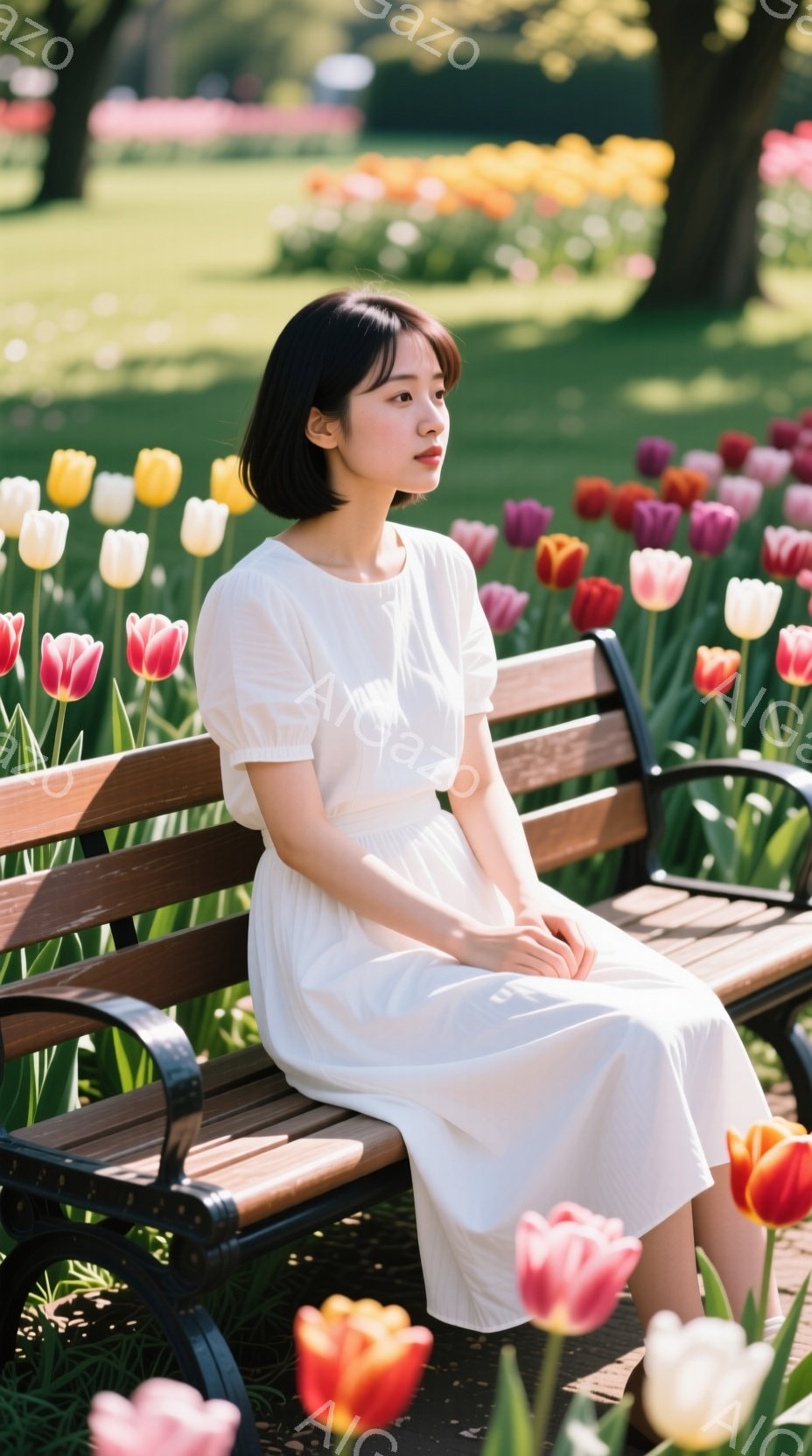 白いワンピースを着た若い女性が公園のベンチに座っています。彼女は黒髪で、少し物憂げな表情をしています。背景には色とりどりのチューリップが咲き乱れ、春の穏やかな陽気に包まれた平和な光景が広がっています。