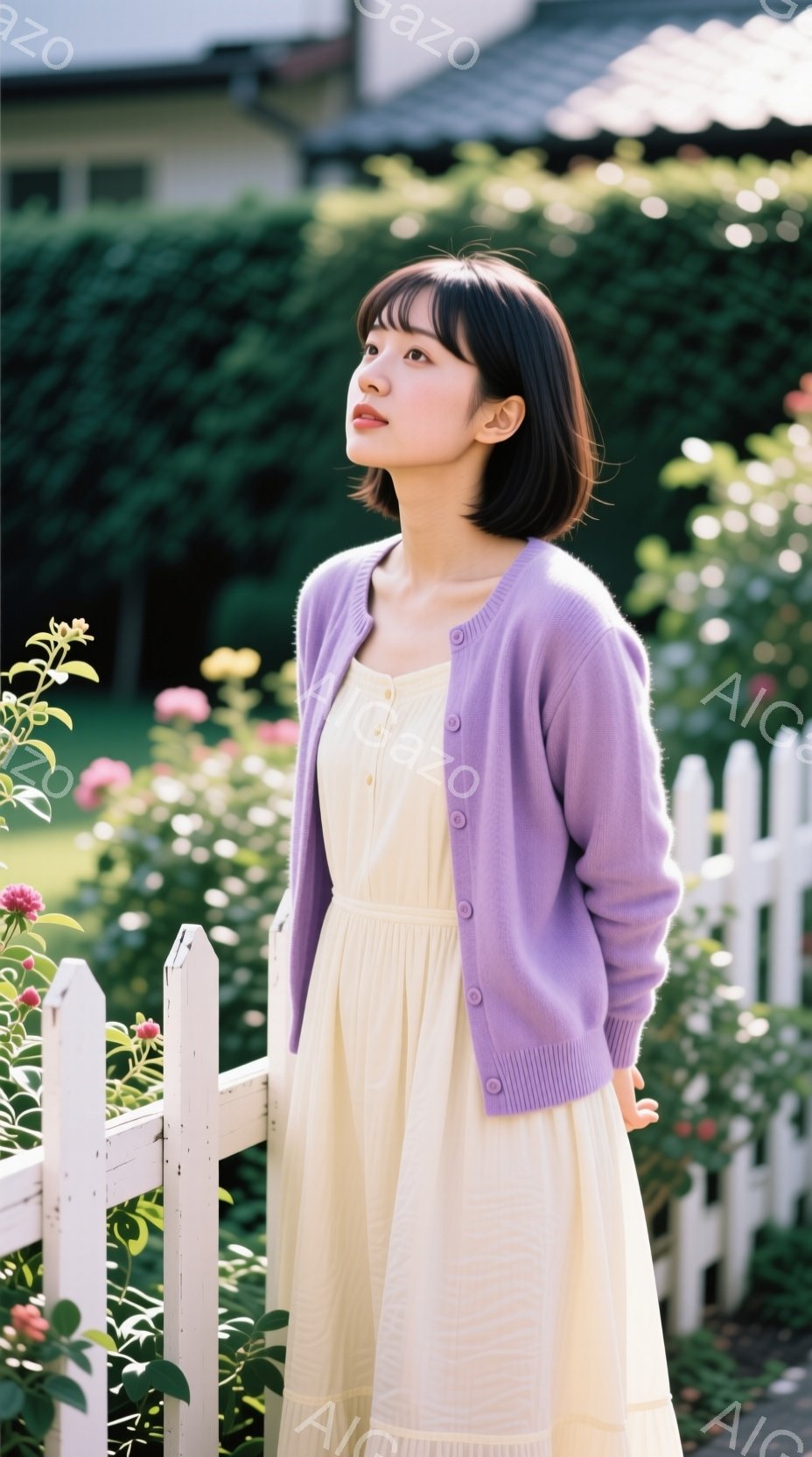 明るい茶髪のボブヘアの女性が、レモン色のワンピースにラベンダー色のカーディガンを羽織って立っています。彼女は少し上を見上げ、穏やかな表情を浮かべています。背景には白いフェンスと緑豊かな植物が見え、晴れた日の穏やかな雰囲気が漂っています。