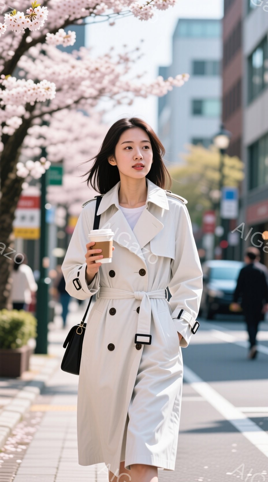 白いトレンチコートを着た若い女性が、街路を歩いています。彼女はベルトでウエストを締め、片手にコーヒーカップを持ち、穏やかな表情で前を見つめています。背景には建物や街路樹、そして桜の花が咲き誇り、春の暖かな日差しが感じられる穏やかな雰囲気です。