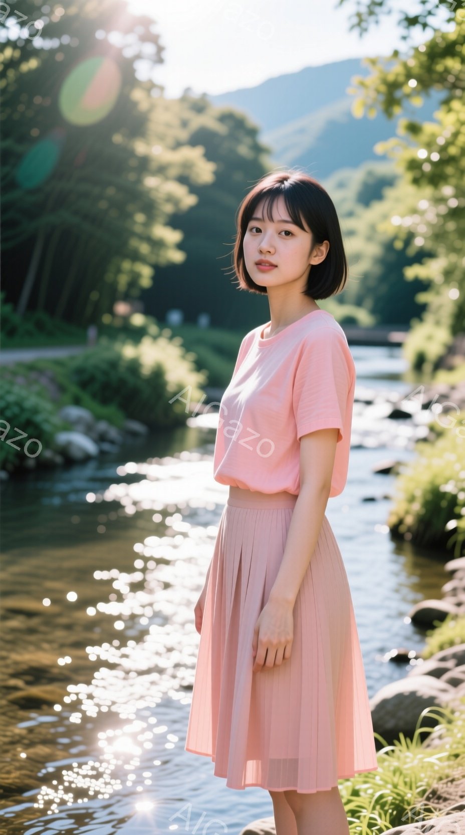 若い女性が、ピンク色のTシャツとプリーツスカートを身に着けて立っている。彼女は黒髪のショートボブで、穏やかな表情をしている。背景には、水が流れる小川と緑豊かな自然が広がり、晴れた日の穏やかな雰囲気を醸し出している。