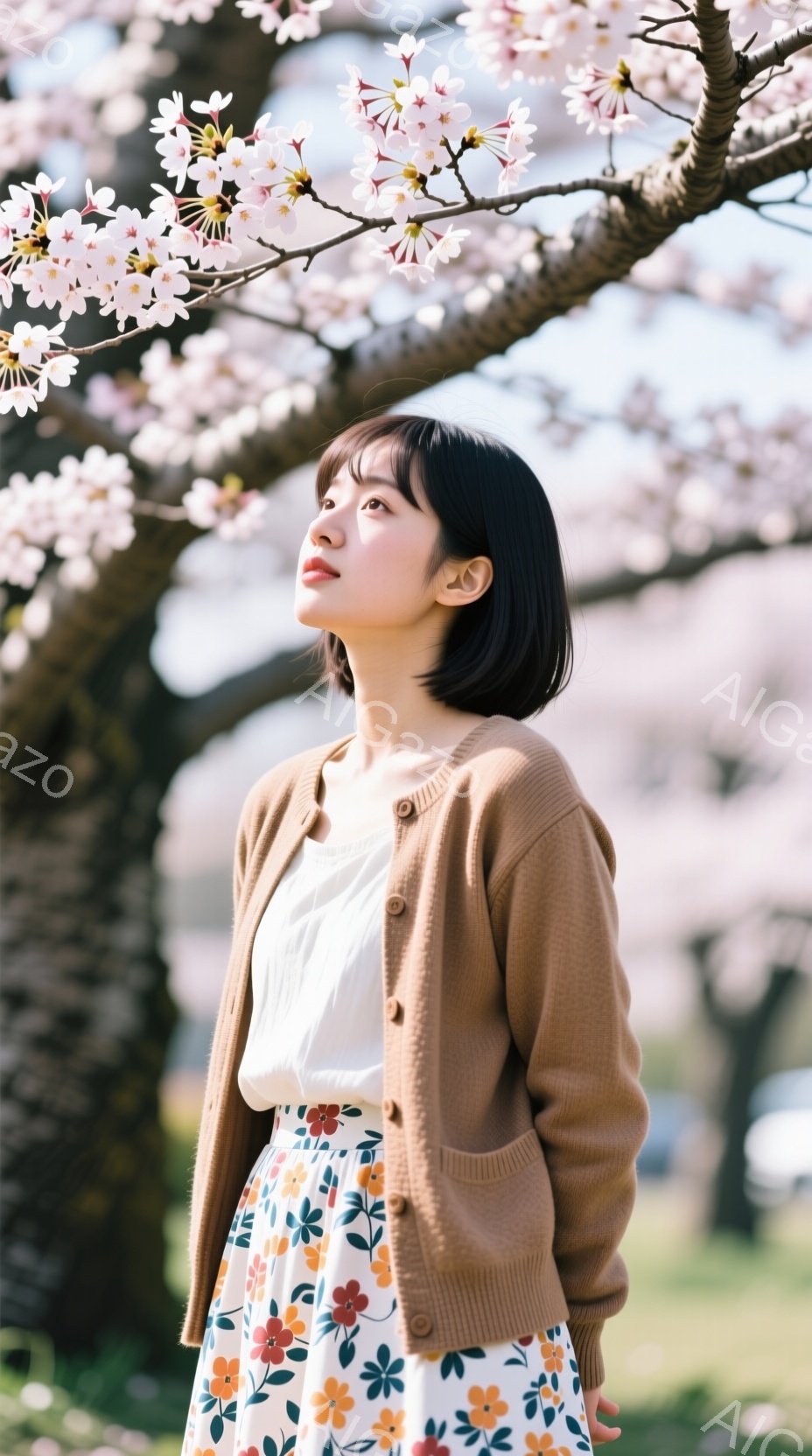 ショートヘアの女性が、花見の風景の中で上を見上げています。ベージュのカーディガンと花柄のスカートを着ており、穏やかな表情をしています。背景には桜の木が咲き誇り、春の暖かな日差しが差し込み、優しい雰囲気を醸し出しています。