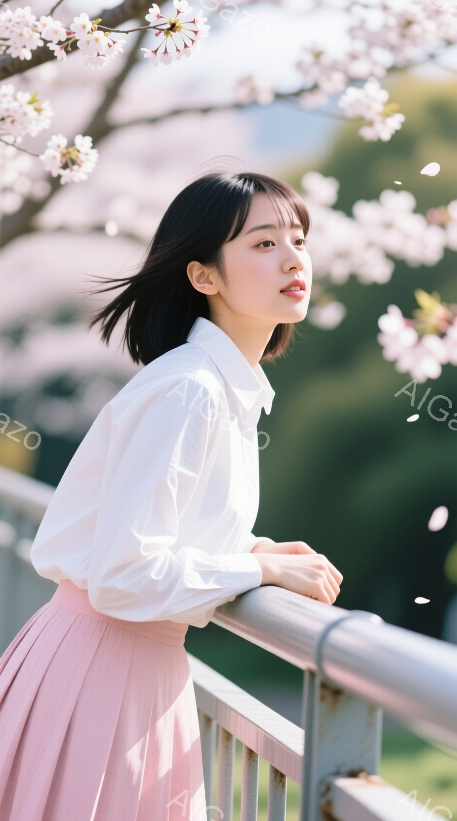 若い女性が、薄ピンクのプリーツスカートと白いシャツを着て、金属製の柵にもたれかかって立っている。彼女は黒髪で、少し微笑んでおり、穏やかな表情をしている。背景には、桜の花が咲き乱れ、春の暖かく優しい雰囲 - AI生成フリー素材
