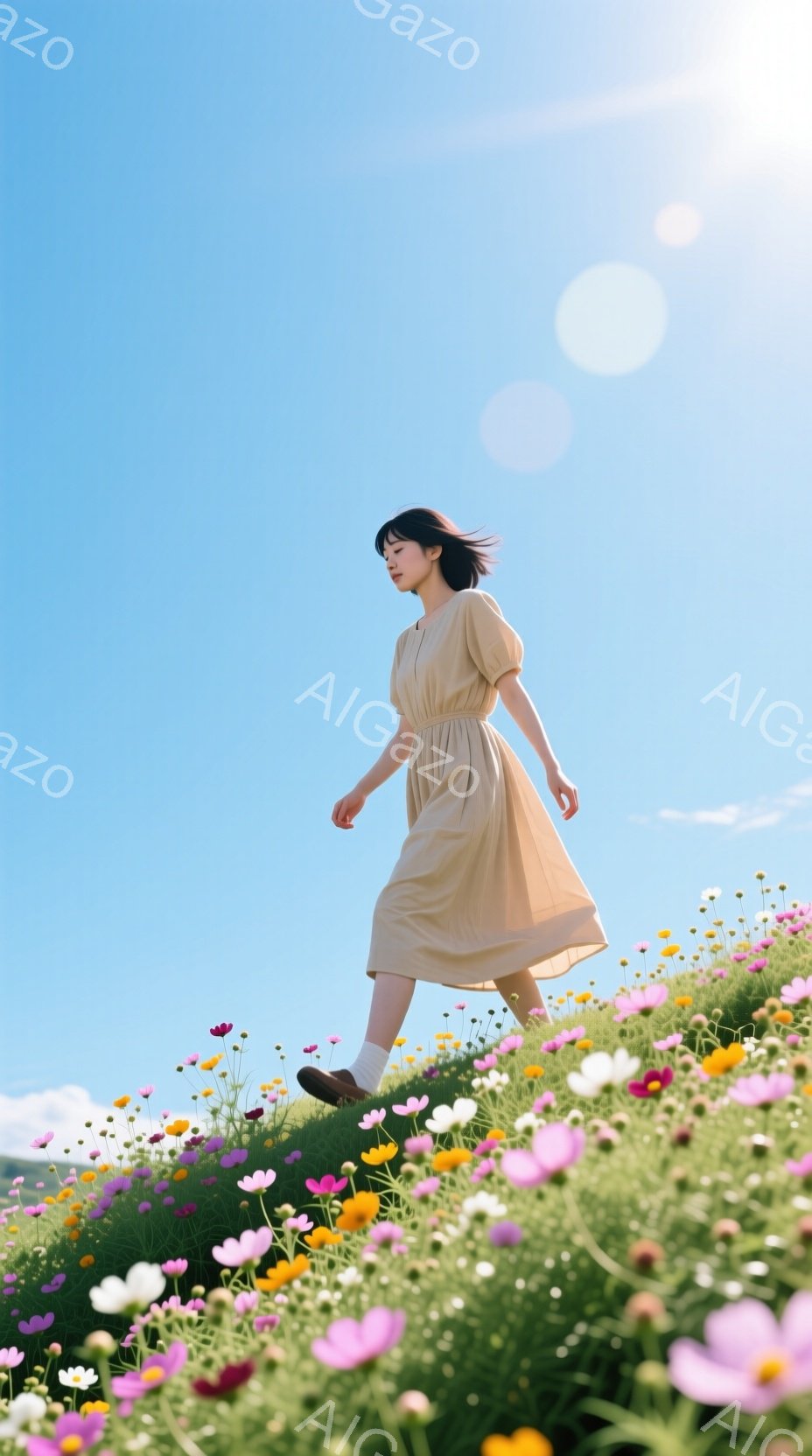 背の高いコスモス畑を、ベージュ色のゆったりとしたワンピースを着た女性が歩いている。彼女は短い黒髪で、少し微笑んでいるように見え、リラックスした様子で自然の中に溶け込んでいる。青空と色とりどりの花々が、穏やかで明るい雰囲気を醸し出している。