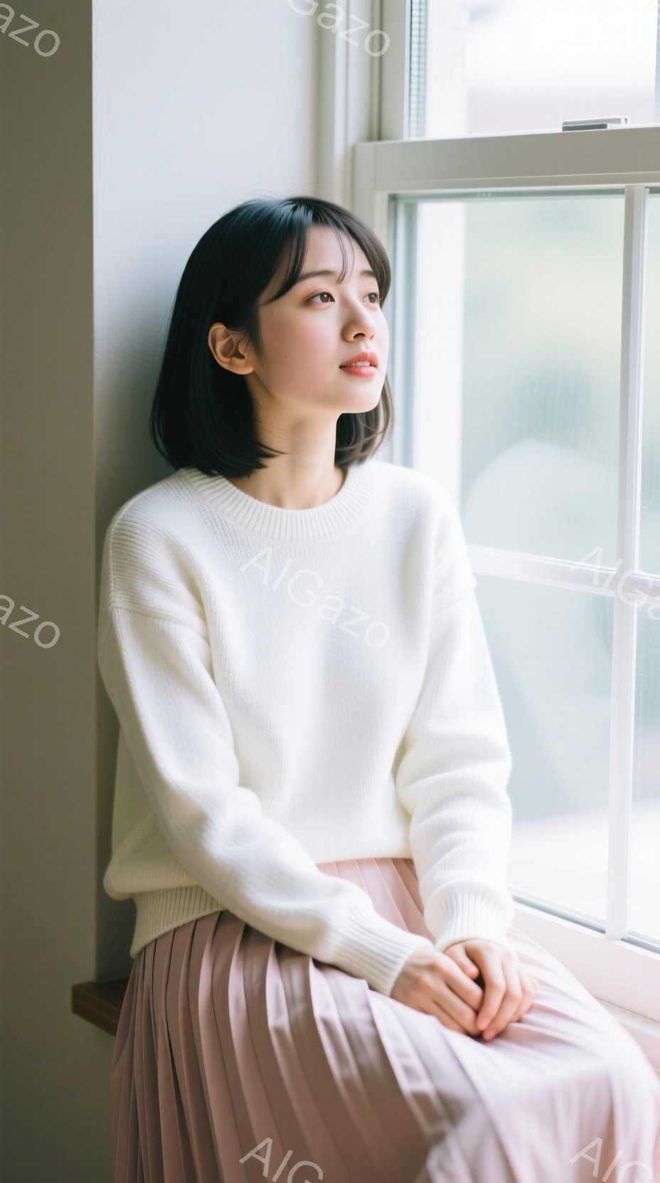 彼女は白いセーターと淡いピンクのプリーツスカートを身に着け、窓辺に座って遠くを見つめています。 控えめな表情と、肩のラインが美しい黒髪のショートボブが特徴的です。 背景は窓枠と壁で、全体的に柔らかく、穏やかな雰囲気が漂っています。