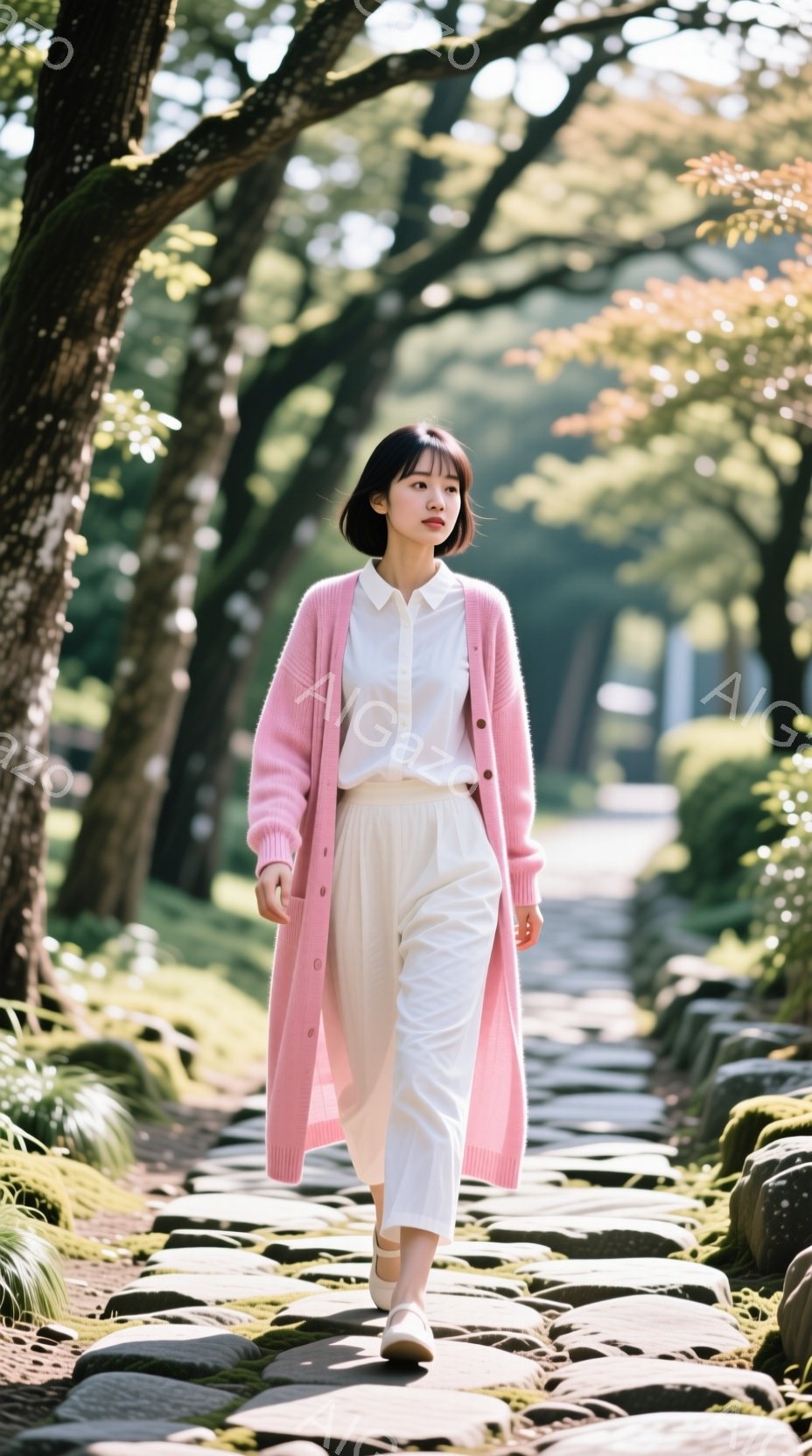 長いピンク色のカーディガンを羽織り、白いシャツとパンツを着用した女性が、石畳の道を歩いている。彼女は黒髪のボブヘアで、表情は穏やかで少し微笑んでいるように見える。背景には緑豊かな木々が生い茂り、柔らかい光が差し込み、静かで穏やかな雰囲気を醸し出している。