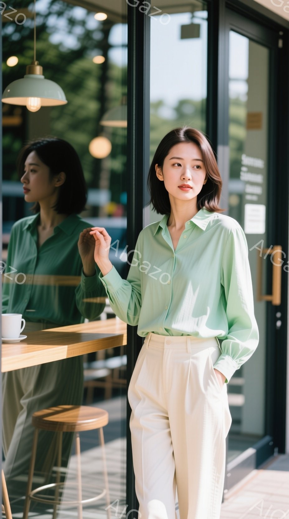 若い女性が明るい緑色のシャツとオフホワイトのパンツを着用し、カフェの窓際に立っている。彼女は軽く微笑み、片手を腰に当て、リラックスした姿勢をとっている。背景には木製のテーブルと椅子、そして自然光が差し - AI生成フリー素材