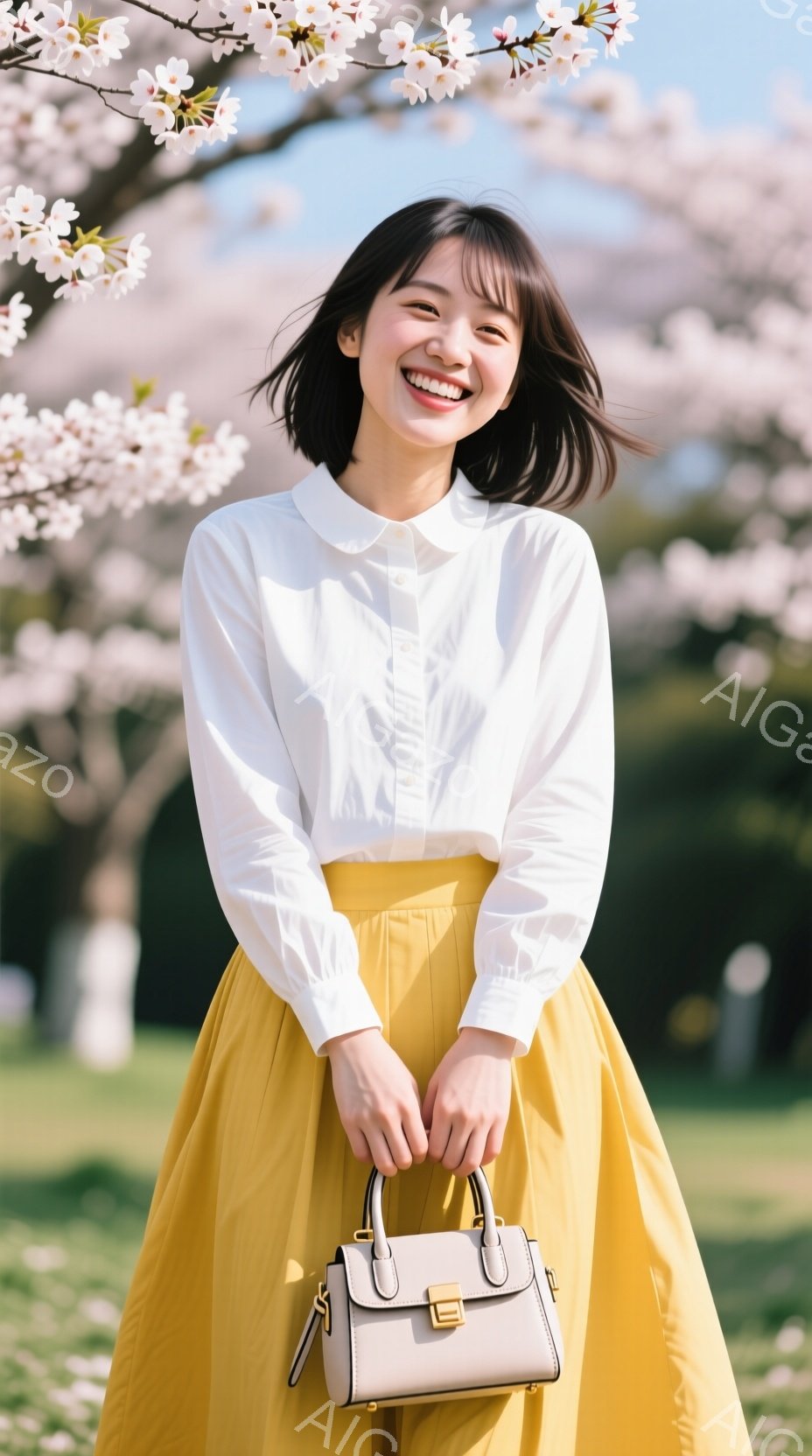 明るい日差しの下、黄色いフレアスカートと白いシャツを着た若い女性が笑顔で立っています。彼女は肩にかけられた白いストラップの付いたハンドバッグを持っており、表情は生き生きとしていて幸せそうです。背景には桜の木が咲き誇り、春の暖かな雰囲気が漂っています。