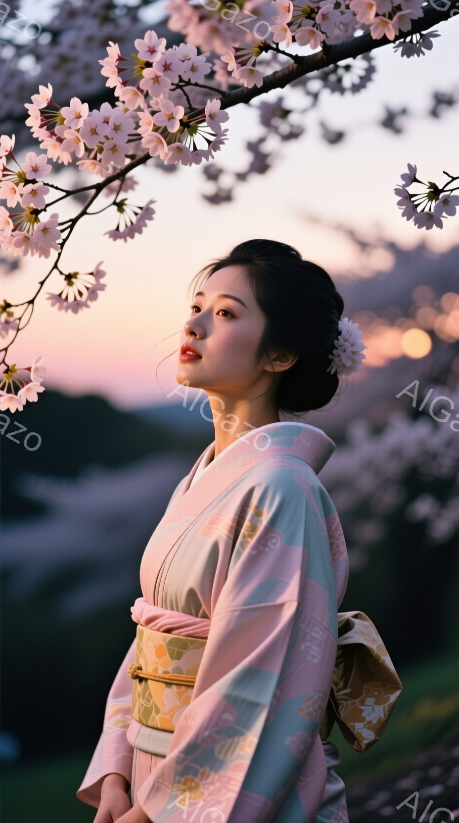 彼女は淡いピンクと緑の絞り染めの着物を着ており、黄色い帯が締まっています。髪は後ろでまとめられ、顔は少し上向きで穏やかな表情をしています。背景には桜の花が咲き乱れ、夕焼け空が広がり、春の穏やかな雰囲気を醸し出しています。