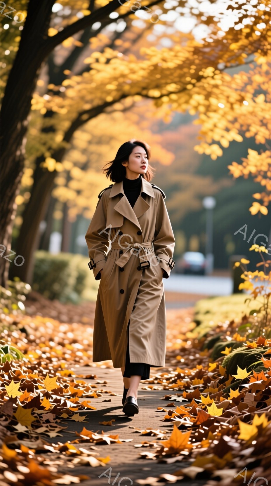 浅い茶色のトレンチコートを羽織った女性が、落ち葉が敷き詰められた遊歩道を歩いている。彼女は黒い髪を無造作にまとめ、やや物憂げな表情で前を見据えている。背景には鮮やかな黄色の葉を持つ木々が並び、秋の穏やかな一日が感じられる。