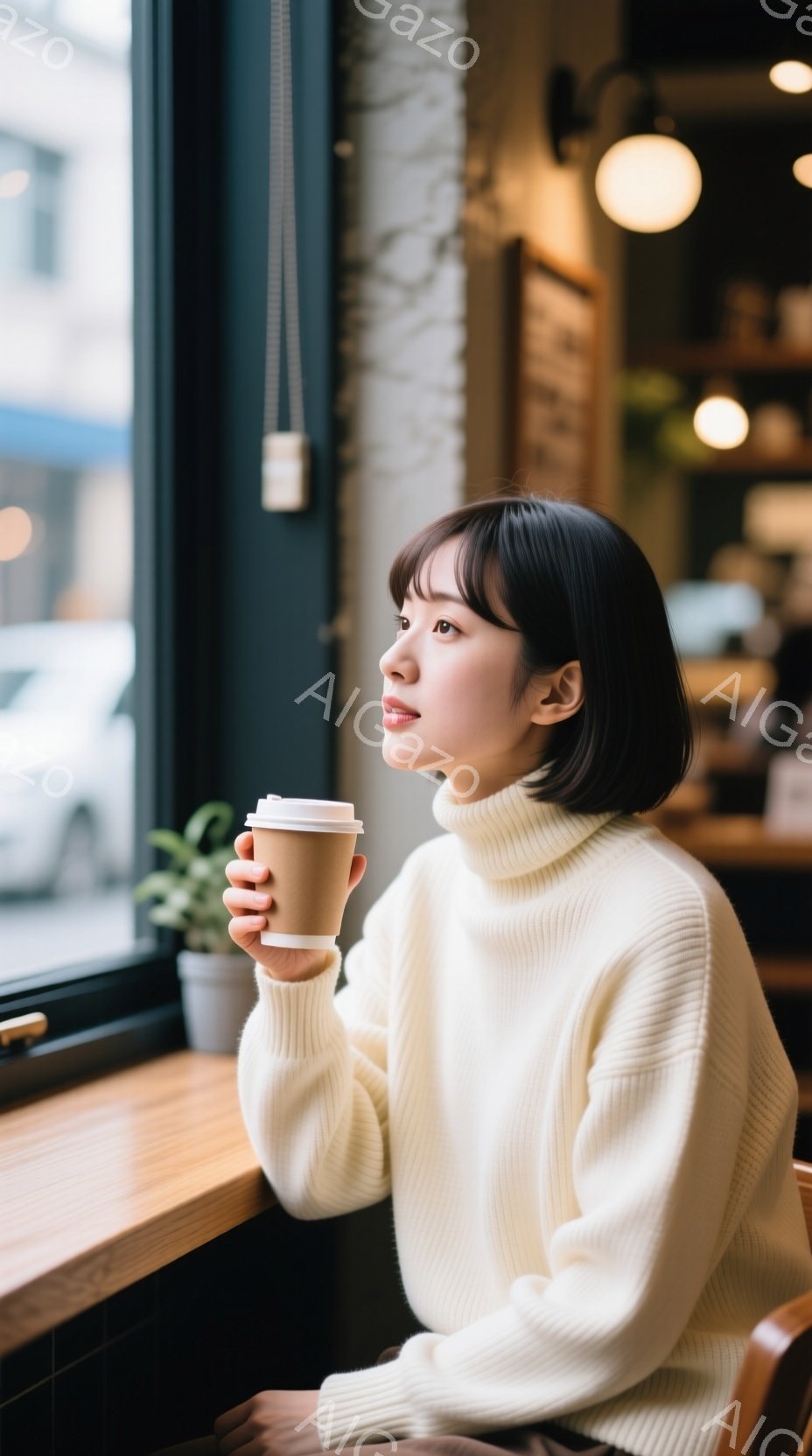 短い黒髪の女性が、クリーム色のざっくりとしたニットを着て、窓際に座っています。彼女は紙コップに入った飲み物を持ち、何かを考え込んでいるかのように遠くを見つめています。背景にはぼやけた街並みが見え、店内は落ち着いた雰囲気です。