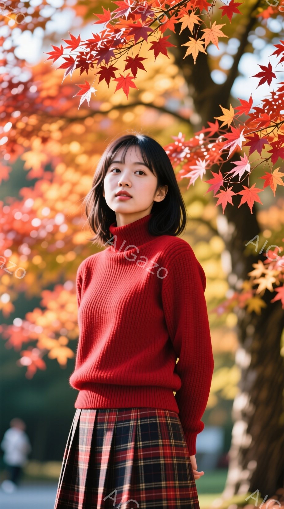 画像には、赤いセーターとチェック柄のスカートを着た若い女性が写っています。彼女は少し微笑んでおり、前髪が目の上にかかるようにカットされたダークヘアを持っています。背景には鮮やかな赤色の紅葉の木があり、秋の穏やかな雰囲気を醸し出しています。