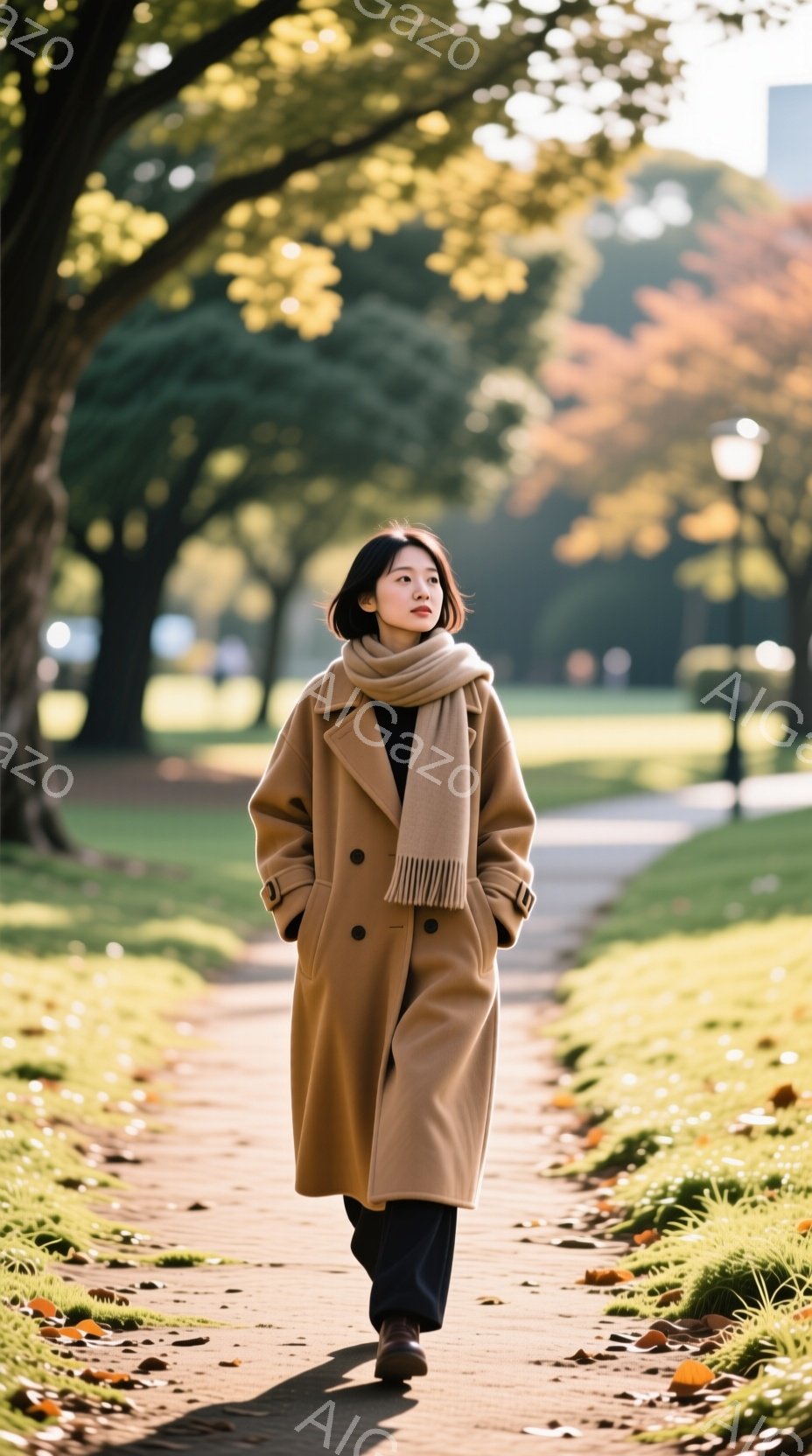 女性はキャメル色のロングコートと黒いパンツを着用し、薄い茶色のスカーフを首に巻いています。彼女は遊歩道を歩いており、わずかにカメラの方を見ています。背景には緑の芝生と、秋色の葉が散りばめられた遊歩道が - AI生成フリー素材