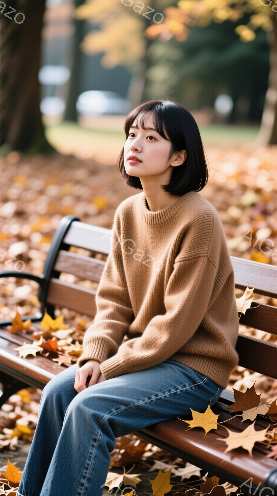 若い女性が公園のベンチに座っており、明るい茶色のセーターとデニムのジーンズを着用しています。彼女は前髪を短くした黒髪で、少し物憂げな表情を浮かべています。背景には鮮やかな紅葉とぼやけた建物が見え、秋の穏やかな雰囲気を醸し出しています。