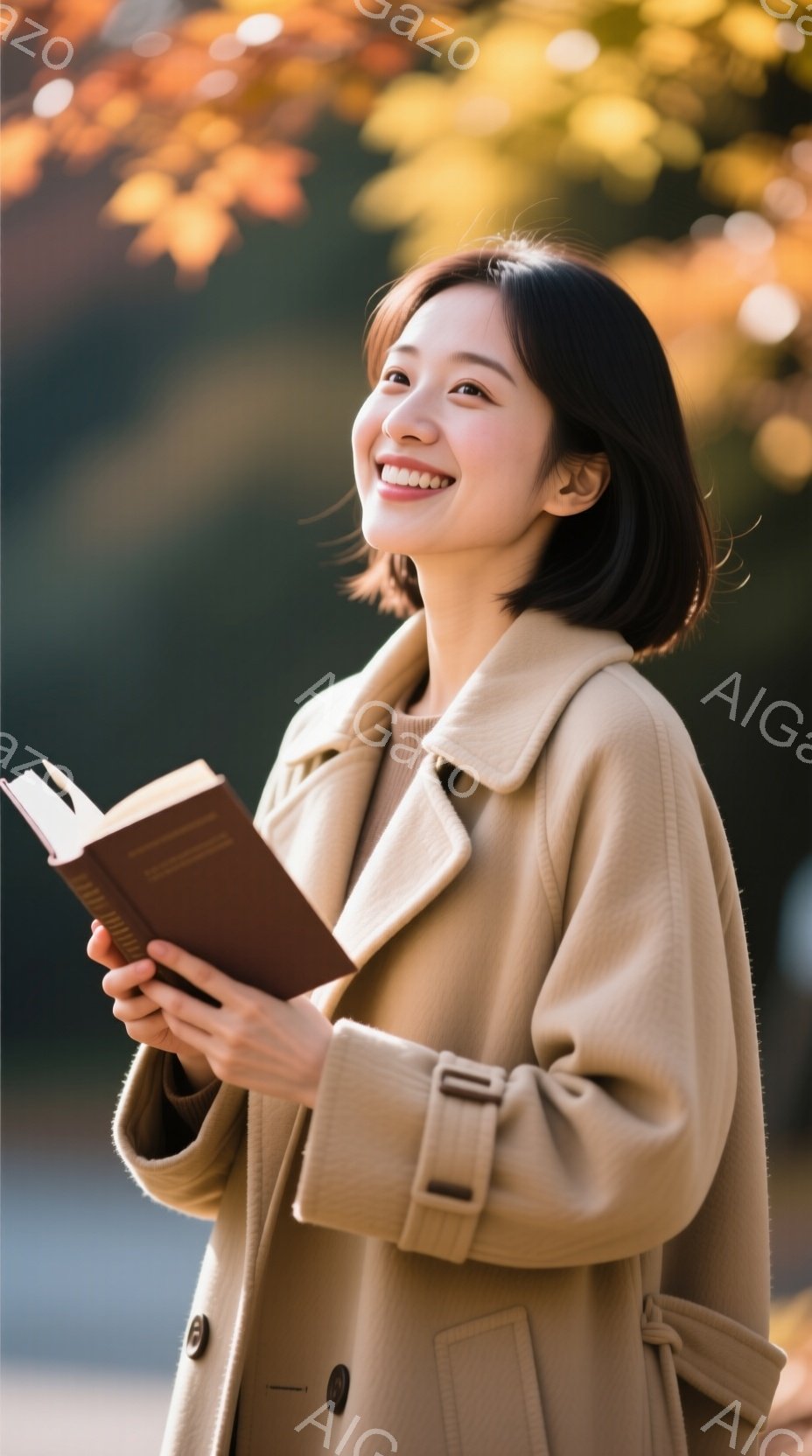 若い女性がベージュ色のコートを着て、本を開いて持っています。彼女は微笑んでいて、少し上を見ている様子から、穏やかで希望に満ちた表情が伺えます。背景には緑の木々と秋らしい色の葉がぼやけて写っており、暖か - AI生成フリー素材