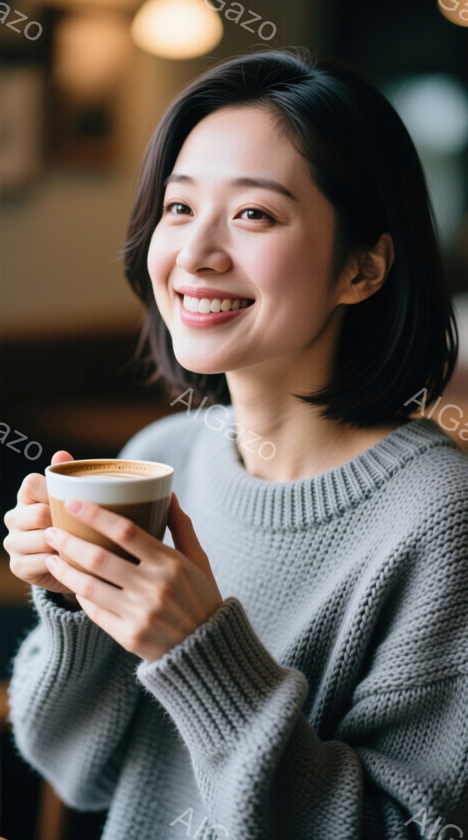 彼女はグレーの厚手のニットセーターを着て、片手に温かい飲み物が入ったカップを持っています。微笑みを浮かべた表情で、少し上を見つめるポーズをとっています。背景はぼかされており、カフェのような暖かく穏やかな雰囲気です。
