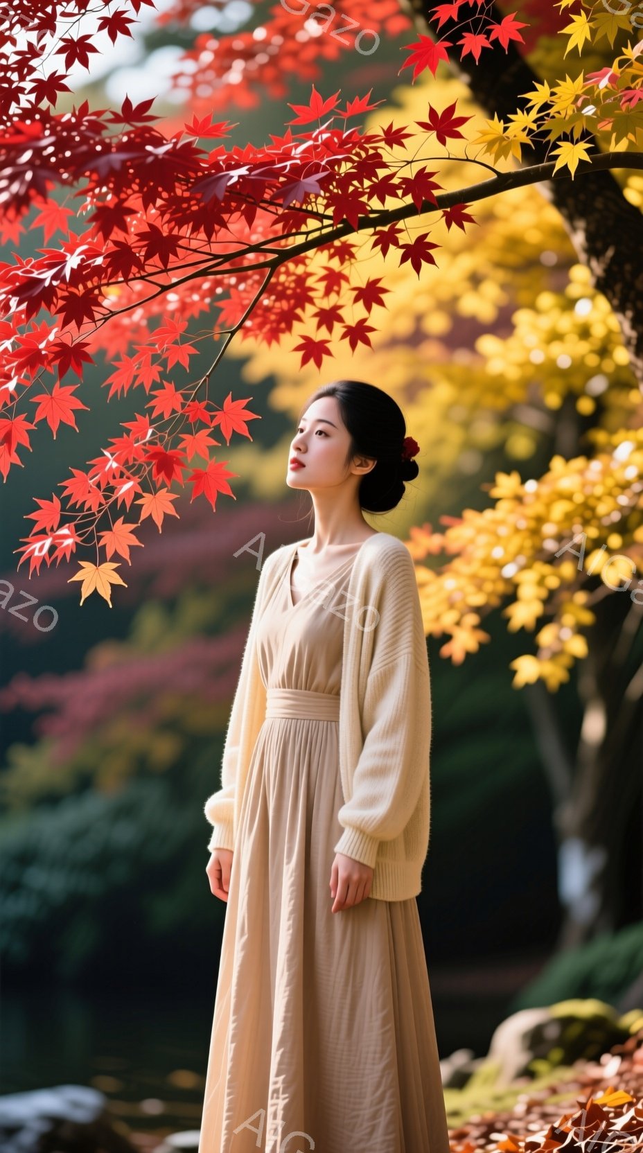 長いベージュ色のワンピースを着た女性が、紅葉の美しい庭園に立っている。彼女は髪を後ろでまとめ、少し上を見ている表情は穏やかで、どこか物憂げだ。背景には鮮やかな赤や黄色の紅葉が広がり、秋の静寂と優雅さを感じさせる。