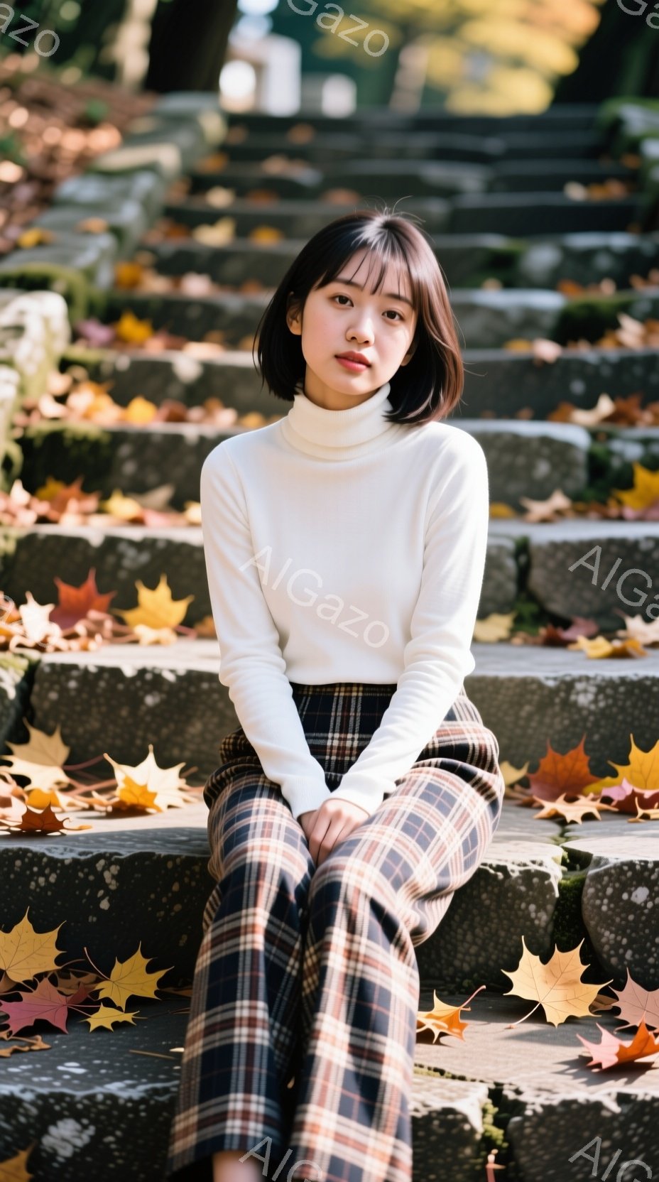 若い女性が石段に座っており、白いタートルネックセーターとチェック柄のパンツを着用しています。彼女は前髪を下ろしたショートヘアで、表情は穏やかで少し物憂げです。背景には紅葉した葉が散らばり、秋の静かな雰 - AI生成フリー素材