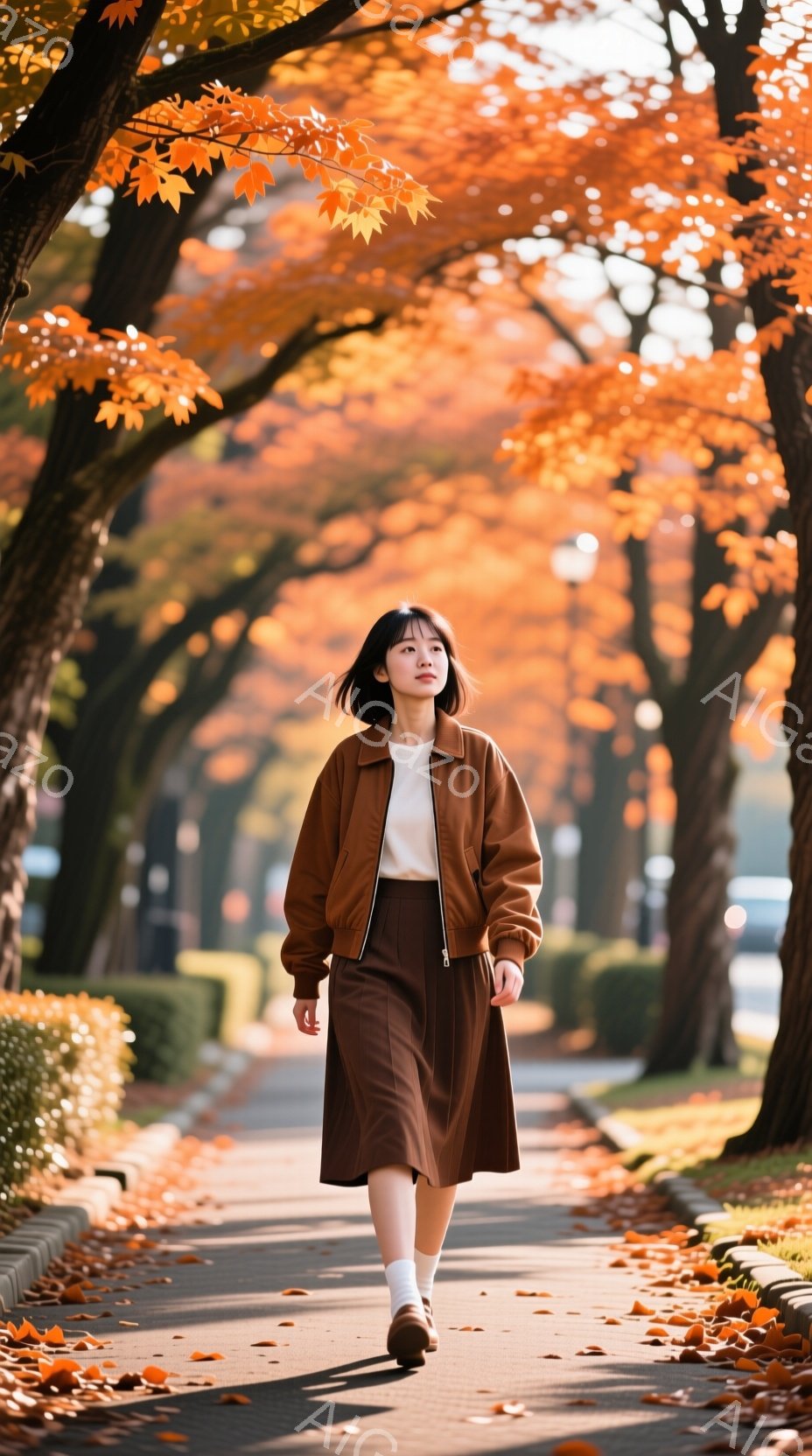栗色のジャケットとスカートを身につけた女性が、並木道を歩いている。彼女は、少し内を向いた表情で、落ち着いた雰囲気を持っている。背景には鮮やかな紅葉の木々が並び、秋の穏やかな日差しが降り注いでいる。