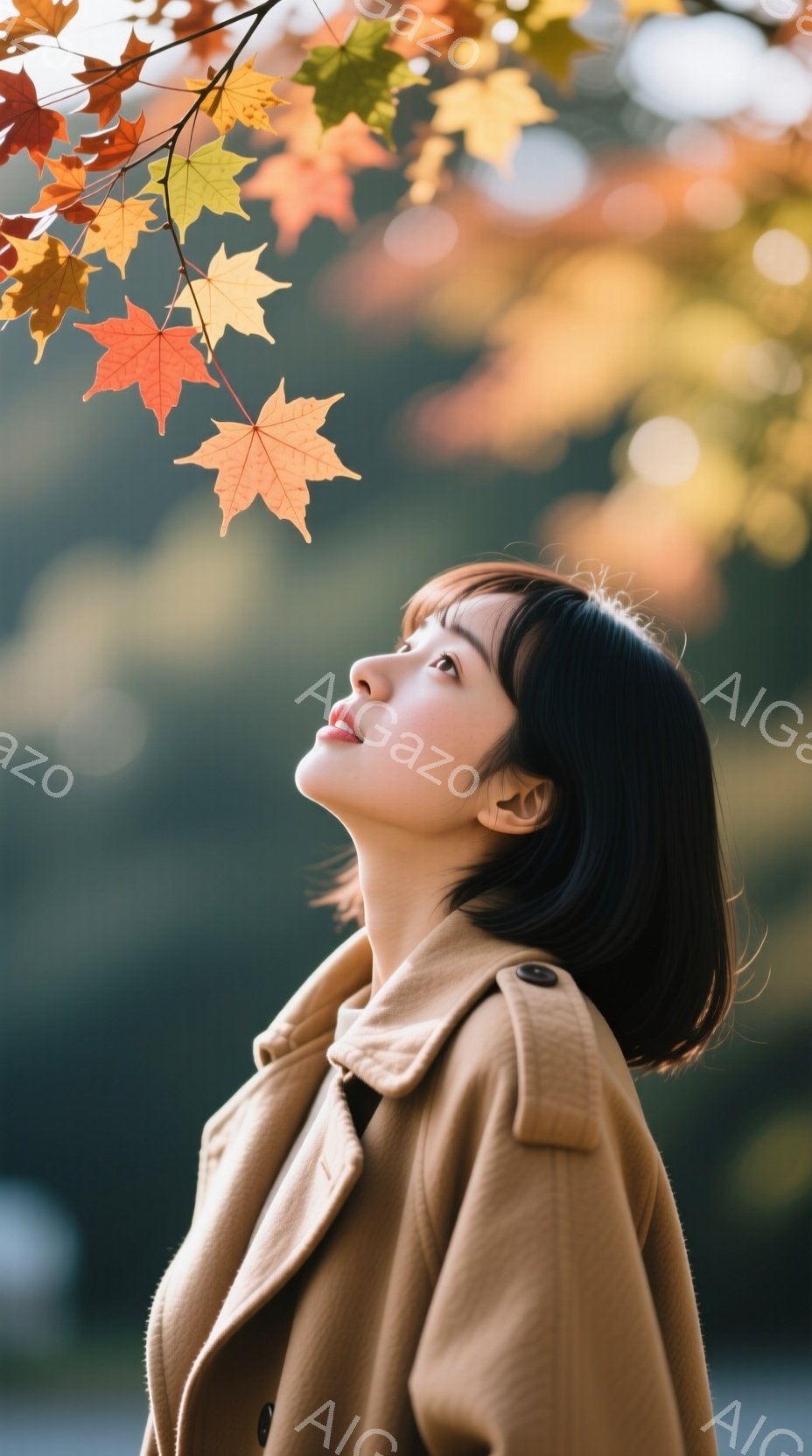 黒髪の女性がベージュ色のコートを着て、空を見上げている。彼女の髪は短く、前髪が少しだけ顔にかかっている。背景には緑とオレンジ色の紅葉がぼやけており、秋の穏やかな雰囲気が漂っている。