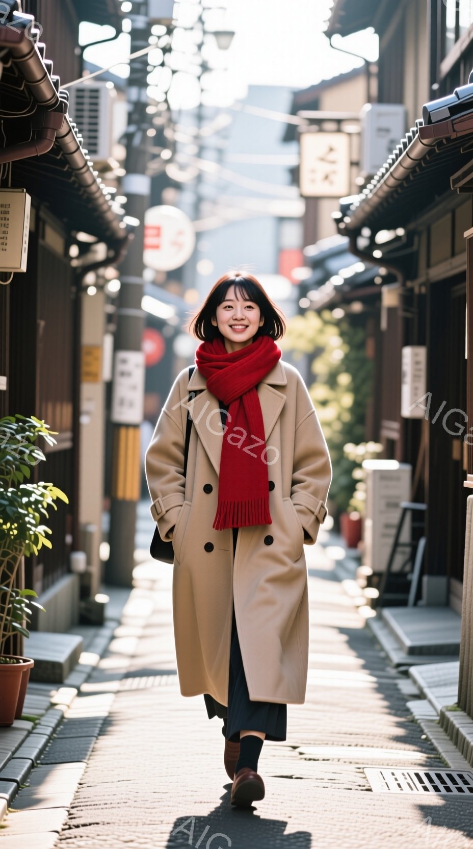 茶色のトレンチコートを着て、赤いスカーフを巻いた女性が、石畳の路地を正面を見て歩いている。彼女は軽く微笑み、リラックスした表情で、髪は肩にかかるくらいの長さで自然なスタイルだ。背景には木造の建物が立ち並び、日差しが差し込む暖かい雰囲気の路地裏である。