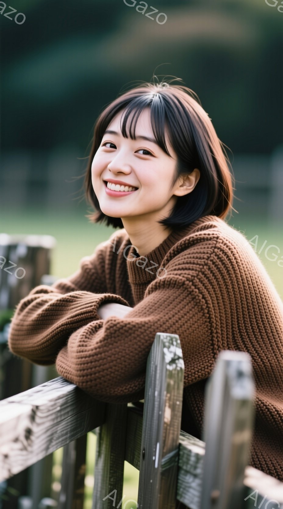 茶色のニットセーターを着た若い女性が、木製の柵にもたれかかって微笑んでいます。彼女は短い茶色の髪で、前髪が目に少しかかっています。背景には緑豊かな自然が広がり、柔らかい光が彼女を照らしています。