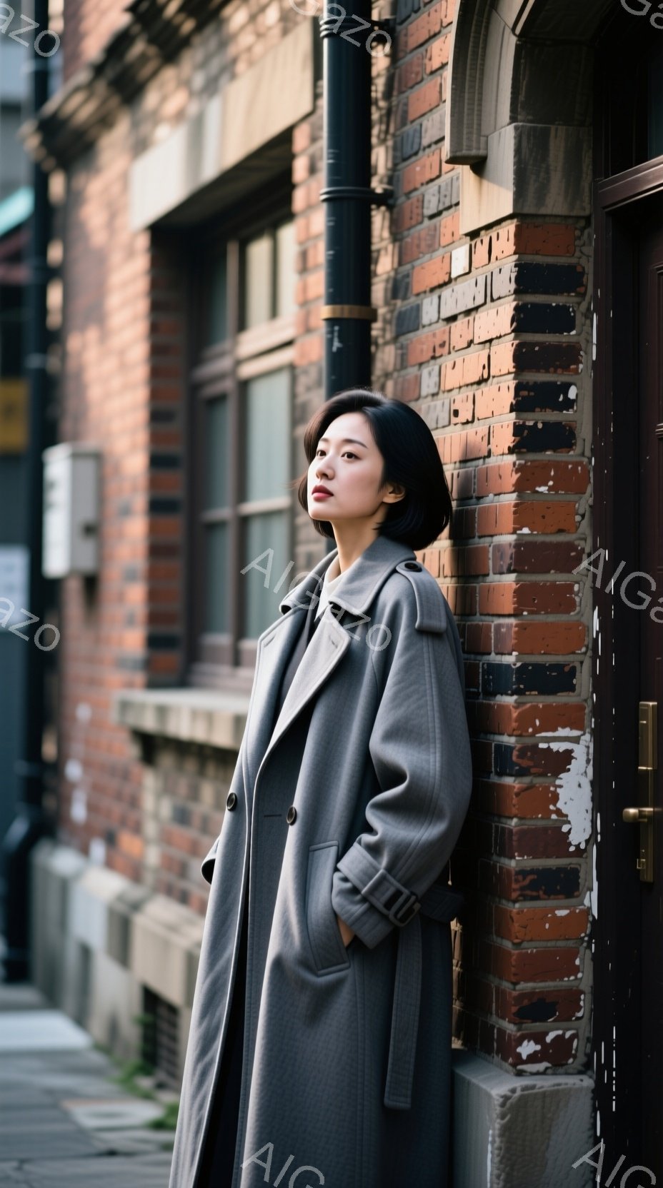 女性は灰色のロングコートを着て、レンガ造りの壁に寄りかかっています。彼女は短い黒髪で、少し上目遣いをしており、落ち着いた表情を浮かべています。背景には古びたレンガの建物があり、やや陰影が差した日中の雰囲気で、どこか物憂げで洗練された印象を与えます。