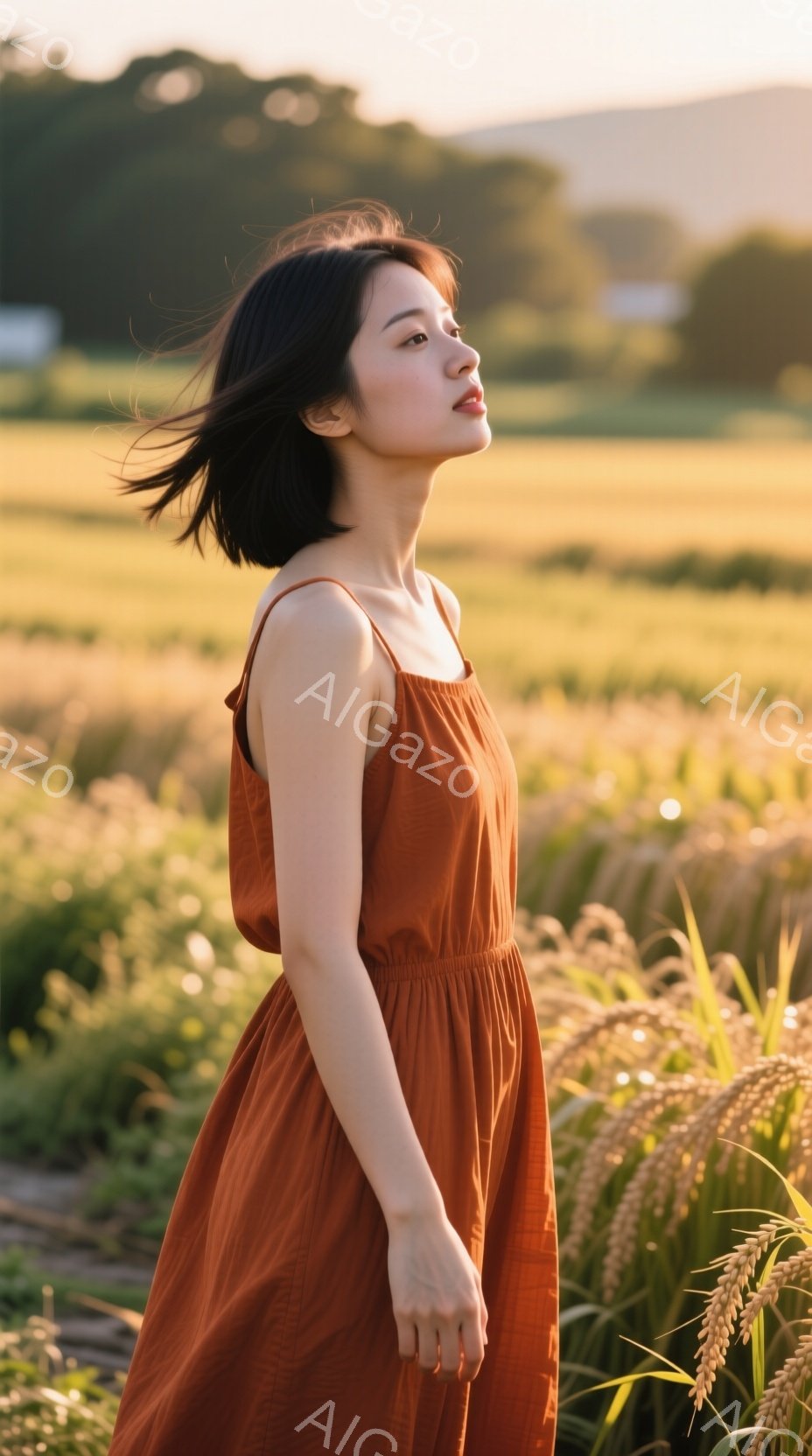 オレンジ色のキャミソールワンピースを着た若い女性が、黄金色の稲穂が実る畑の中に立っている。彼女は少し顔を上げ、穏やかな表情で遠くを見つめている。背景にはぼやけた建物と、夕焼けのような暖かな光が広がり、全体的にノスタルジックで平和な雰囲気を醸し出している。