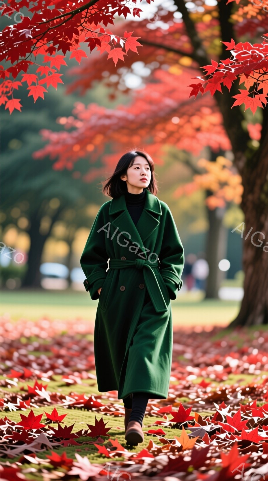 深緑色のロングコートを羽織った女性が、紅葉が敷き詰められた公園を歩いている。彼女は黒いタイツとブーツを履き、落ち着いた表情で正面を見据えている。背景には鮮やかな赤やオレンジ色の紅葉と、ぼやけた木々が見え、秋の穏やかな雰囲気が漂っている。