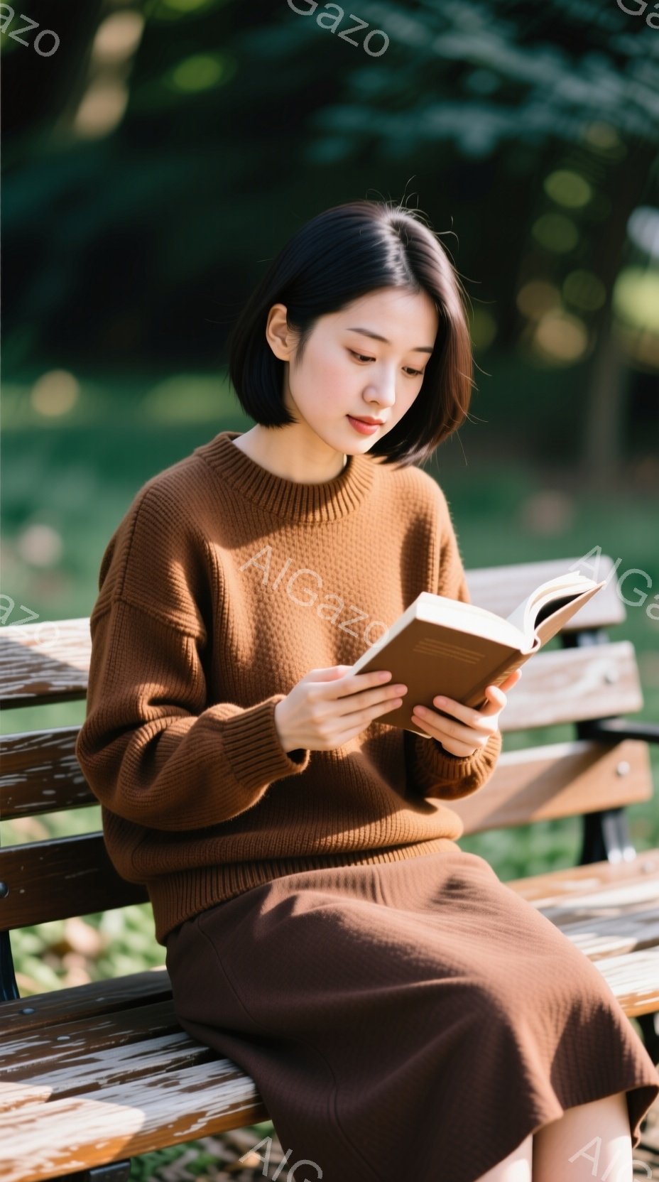彼女は茶色のセーターとスカートを身に着け、公園のベンチに座って本を読んでいる。彼女の髪は短く、顔色は穏やかで、読書に集中している様子がうかがえる。背景には緑豊かな木々が広がり、晴れた日の穏やかな雰囲気 - AI生成フリー素材