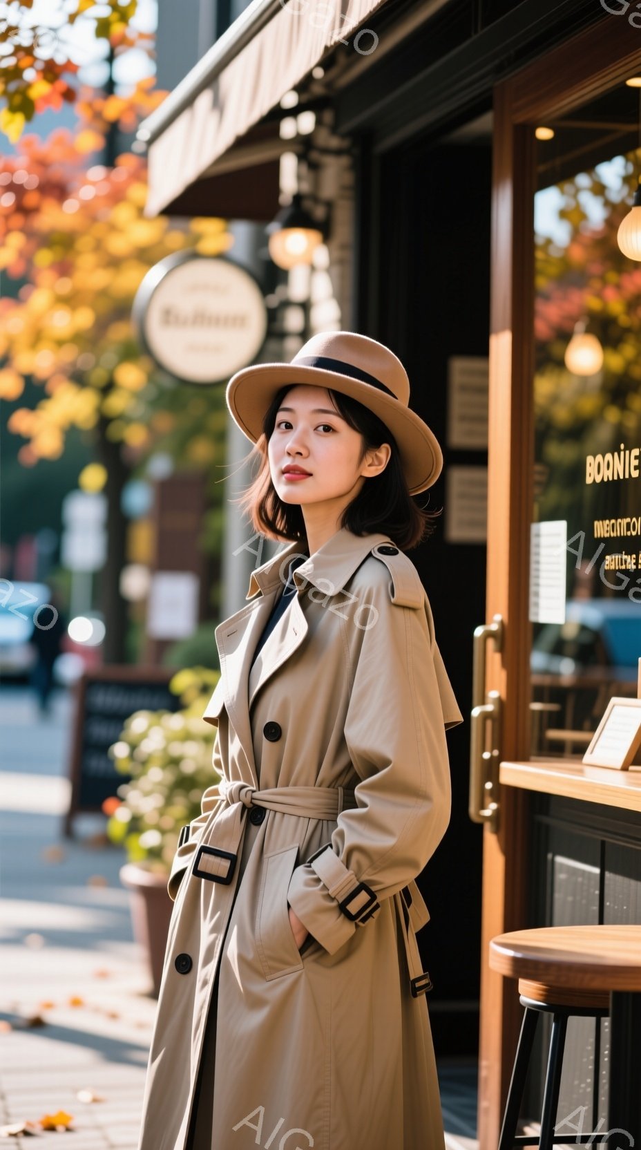 女性はベージュ色のトレンチコートと帽子を身に着け、少し横を向いて立っています。彼女の表情は落ち着いており、姿勢は自信に満ちています。背景にはカフェや街路樹が見え、秋の穏やかな日差しが感じられる、都会的な風景です。