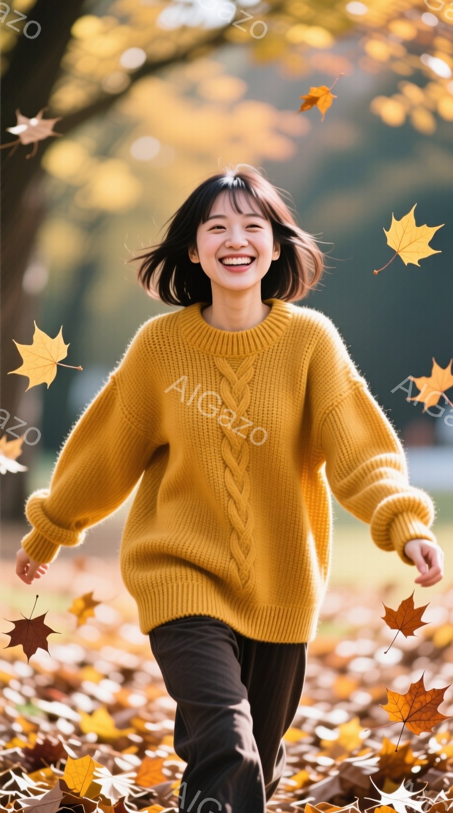 鮮やかな黄色のケーブルニットセーターを着た女性が、笑顔で歩いている様子が写っている。彼女はダークカラーのパンツを履き、短くダークなヘアスタイルで、顔は明るく、楽しんでいる様子が伝わってくる。背景には、落ち葉が舞い散る自然豊かな公園が広がっており、秋の穏やかな雰囲気が漂っている。