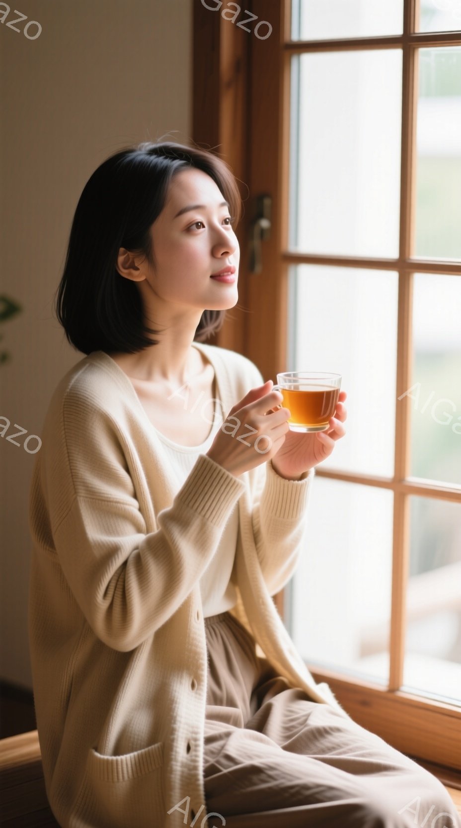 明るい窓辺に座る女性は、ベージュのカーディガンとパンツを身に着け、リラックスした様子でカップを手にしている。彼女は肩までの長さの黒髪で、穏やかな微笑みを浮かべ、どこかを見つめている。背景には窓枠と、ぼやけた外の景色が見え、全体的に暖かく、穏やかな雰囲気を醸し出している。