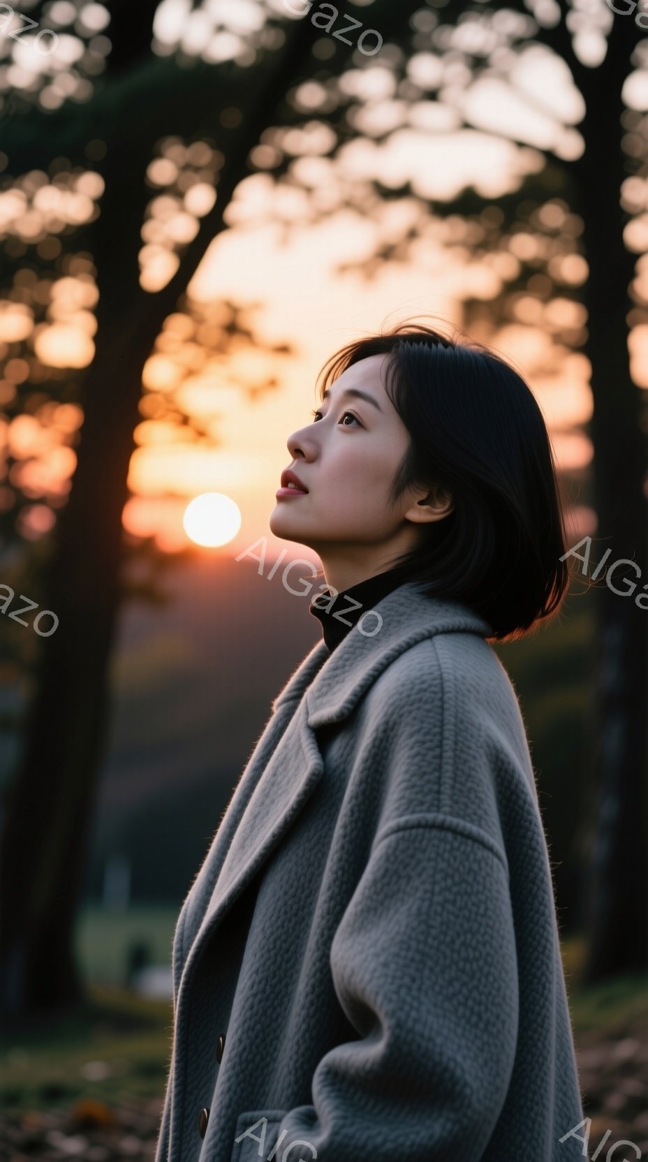 短い黒髪の女性が、グレーのコートを着て横顔を見せています。彼女は少し上を見上げており、穏やかで物憂げな表情をしています。背景には、木々と夕焼けが広がり、暖かく、少し寂しげな雰囲気を醸し出しています。