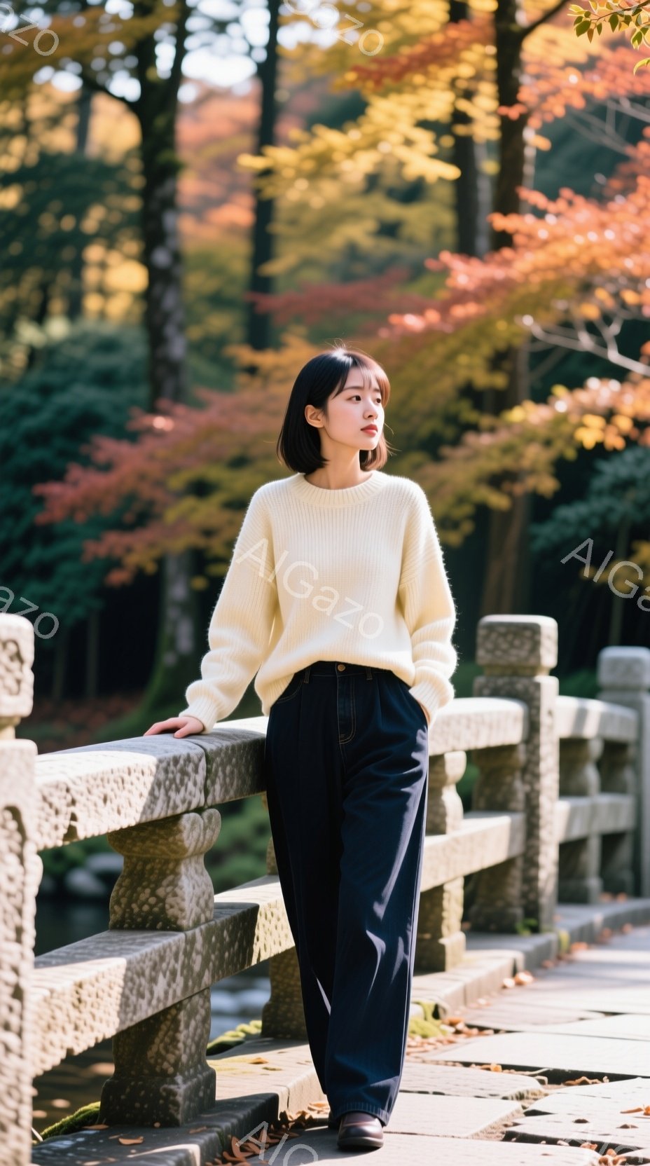 女性はクリーム色のセーターと濃い紺色のワイドパンツを着用し、石造りの欄干に寄りかかっています。彼女は黒髪のショートボブで、落ち着いた表情をしています。背景には、秋の紅葉の木々と石段があり、穏やかで静かな雰囲気が漂っています。