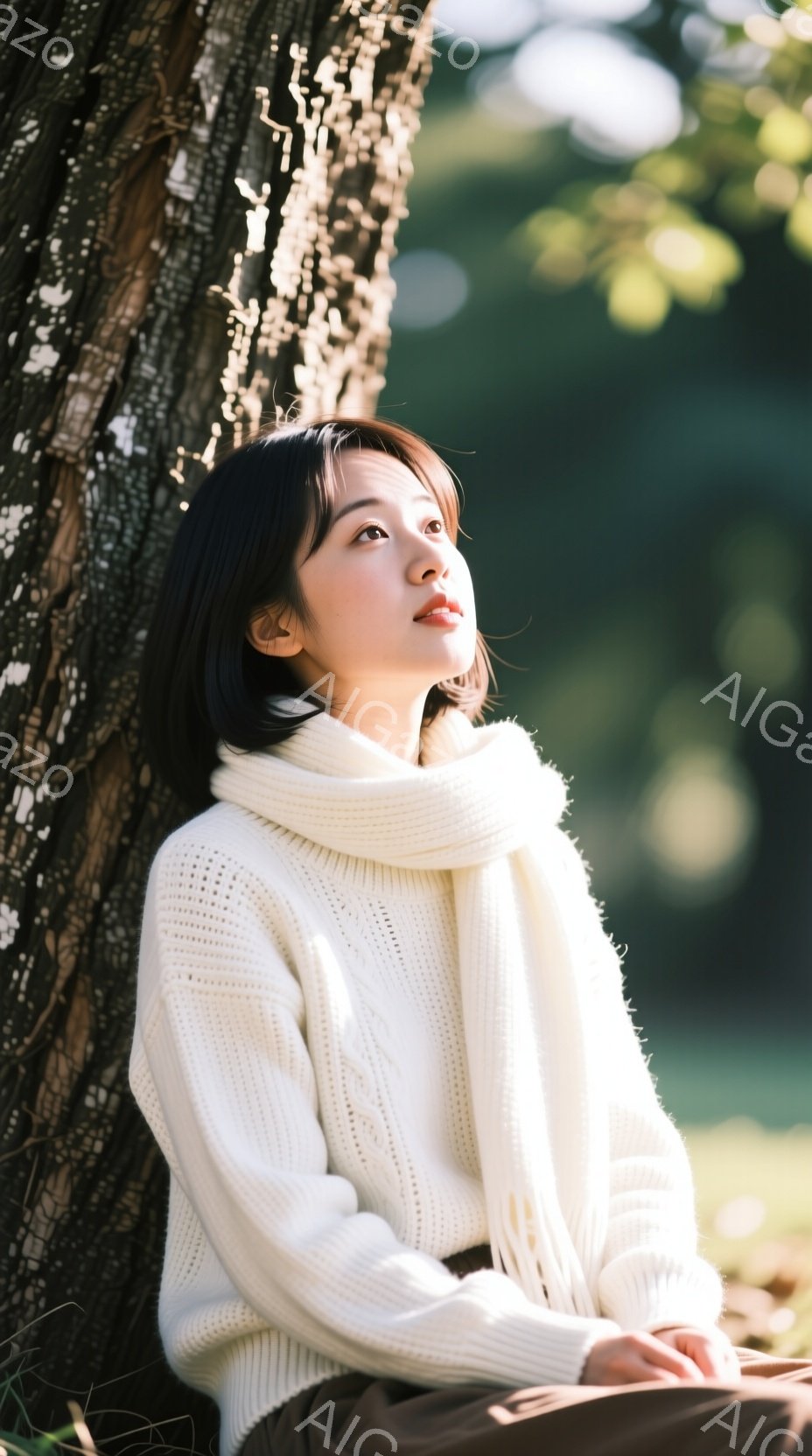 若い女性が木の幹にもたれて立っている。彼女はオフホワイトの厚手のセーターと茶色のスカートを着ており、黒髪のショートヘアは肩にかかっている。彼女の表情は穏やかで、少し上を見つめていることから、物思いにふけっているように見える。